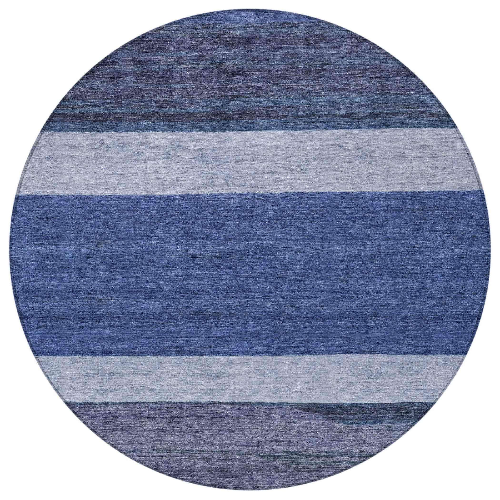 8' Navy Blue Sky Blue And Charcoal Round Abstract Washable Indoor Outdoor Area Rug