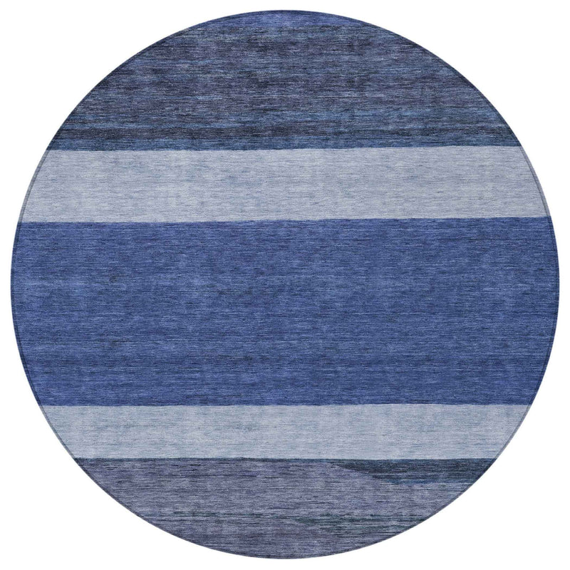 8' Navy Blue Sky Blue And Charcoal Round Abstract Washable Indoor Outdoor Area Rug