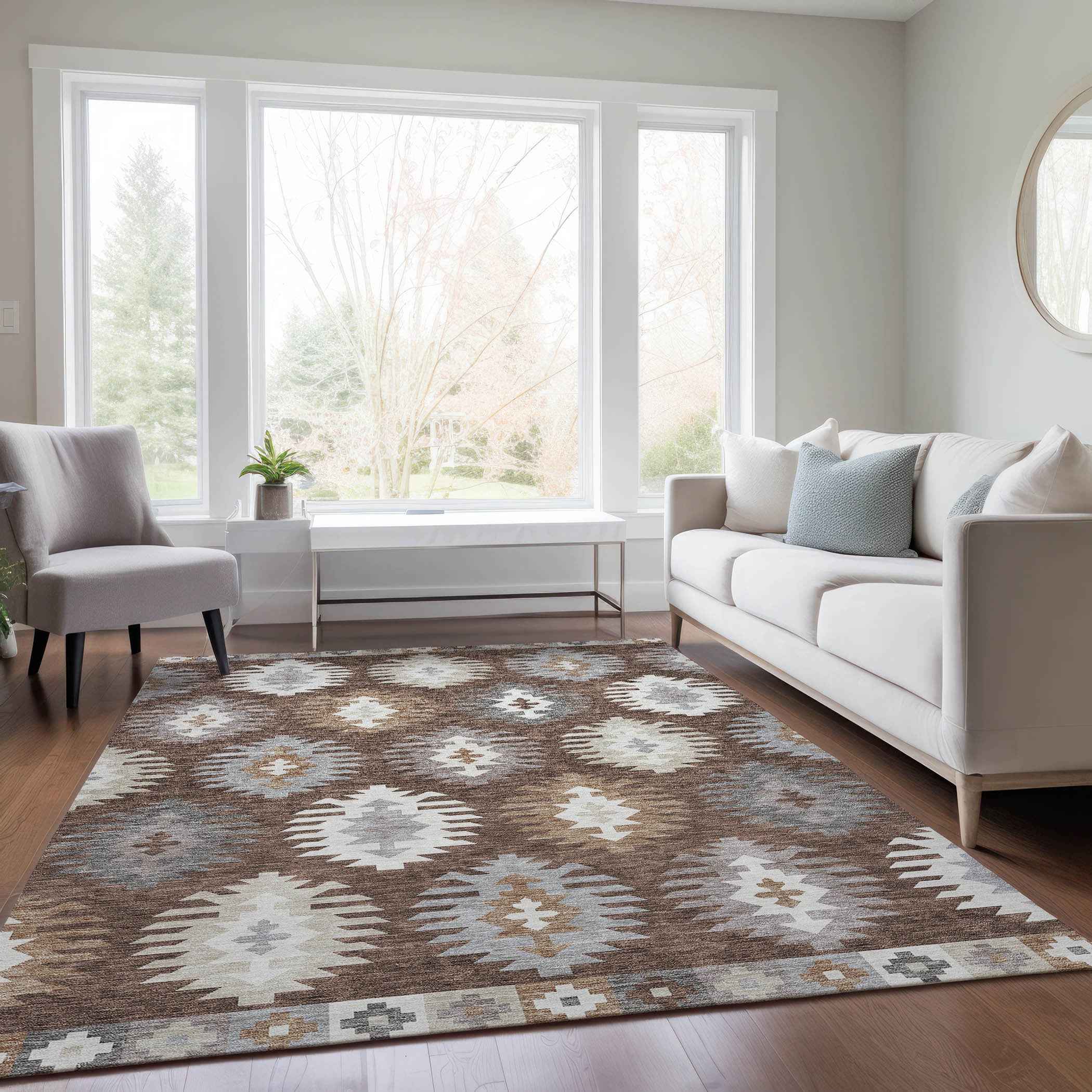 8' X 10' Brown Ivory And Taupe Southwestern Washable Indoor Outdoor Area Rug