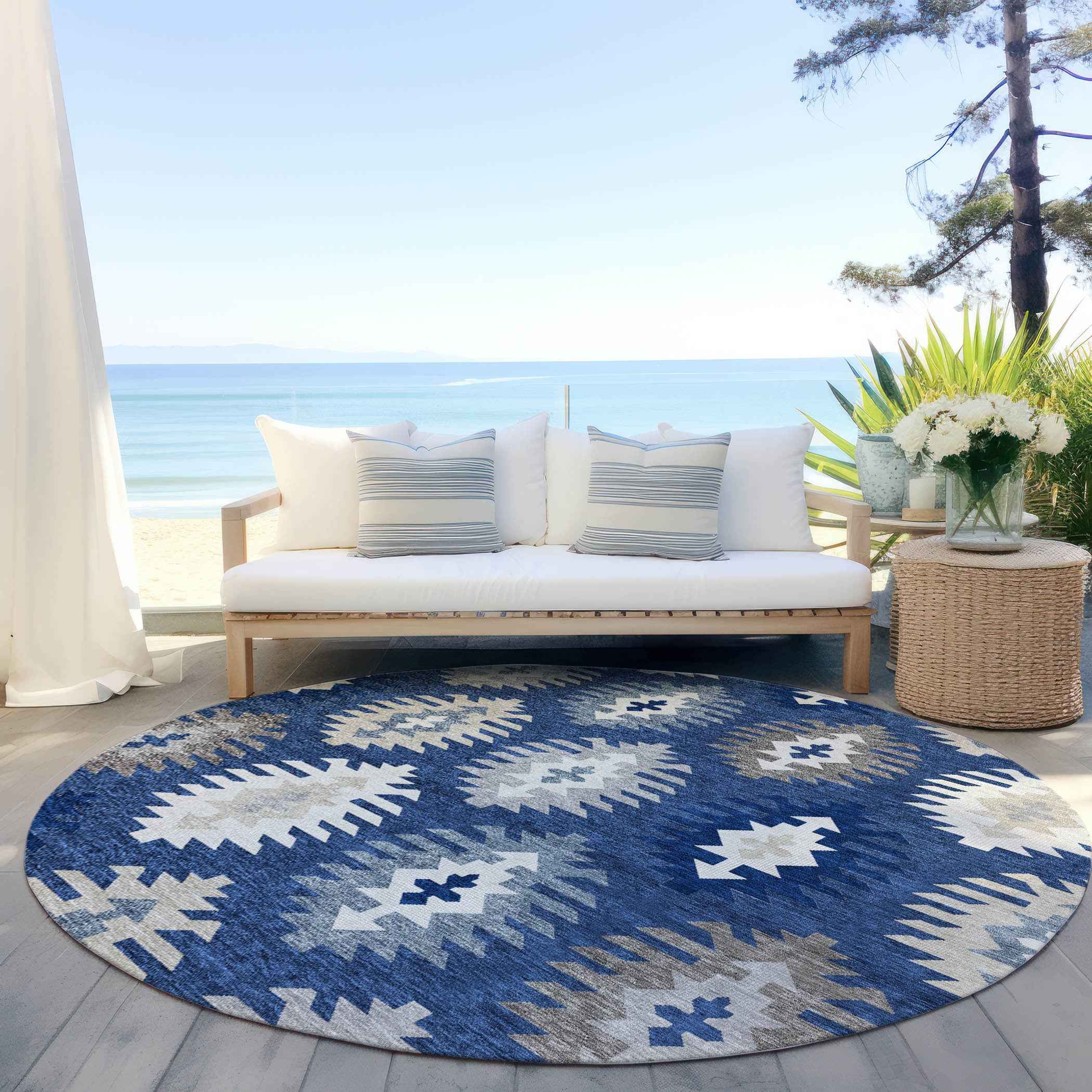 8' Navy Blue Ivory And Gray Round Southwestern Washable Indoor Outdoor Area Rug