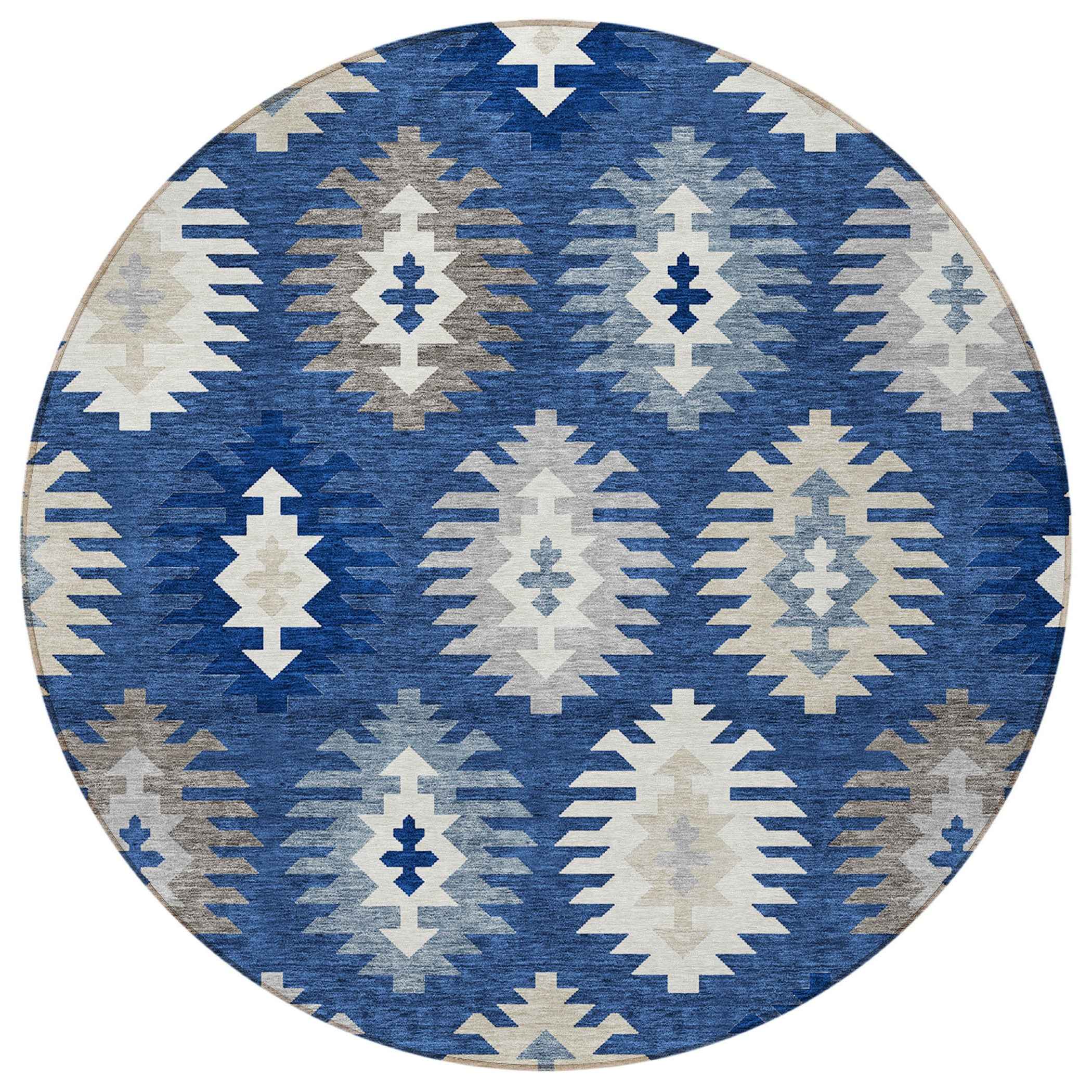 8' Navy Blue Ivory And Gray Round Southwestern Washable Indoor Outdoor Area Rug