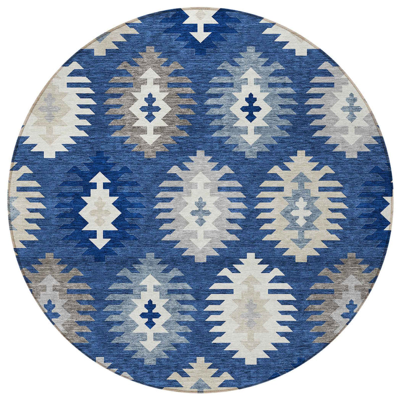 8' Navy Blue Ivory And Gray Round Southwestern Washable Indoor Outdoor Area Rug