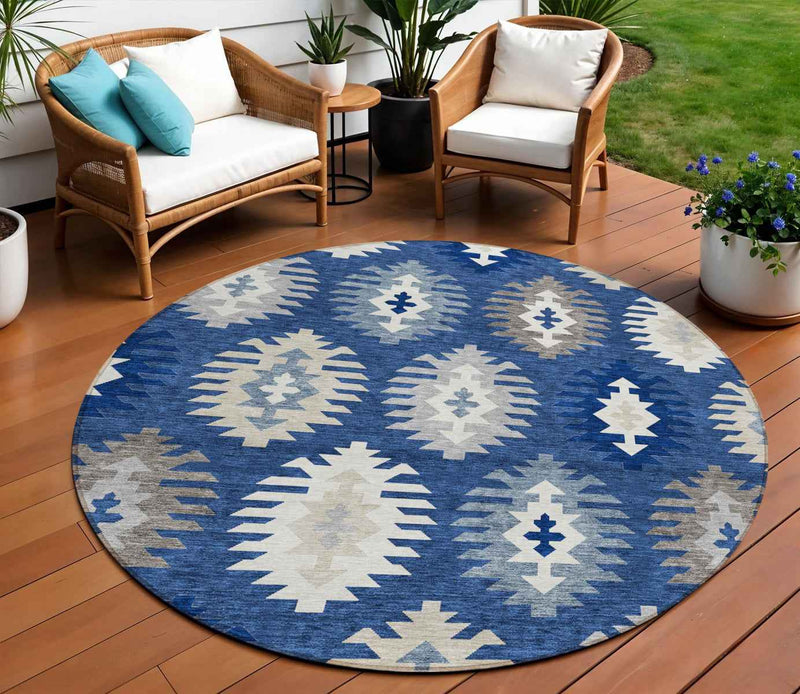 8' Navy Blue Ivory And Gray Round Southwestern Washable Indoor Outdoor Area Rug