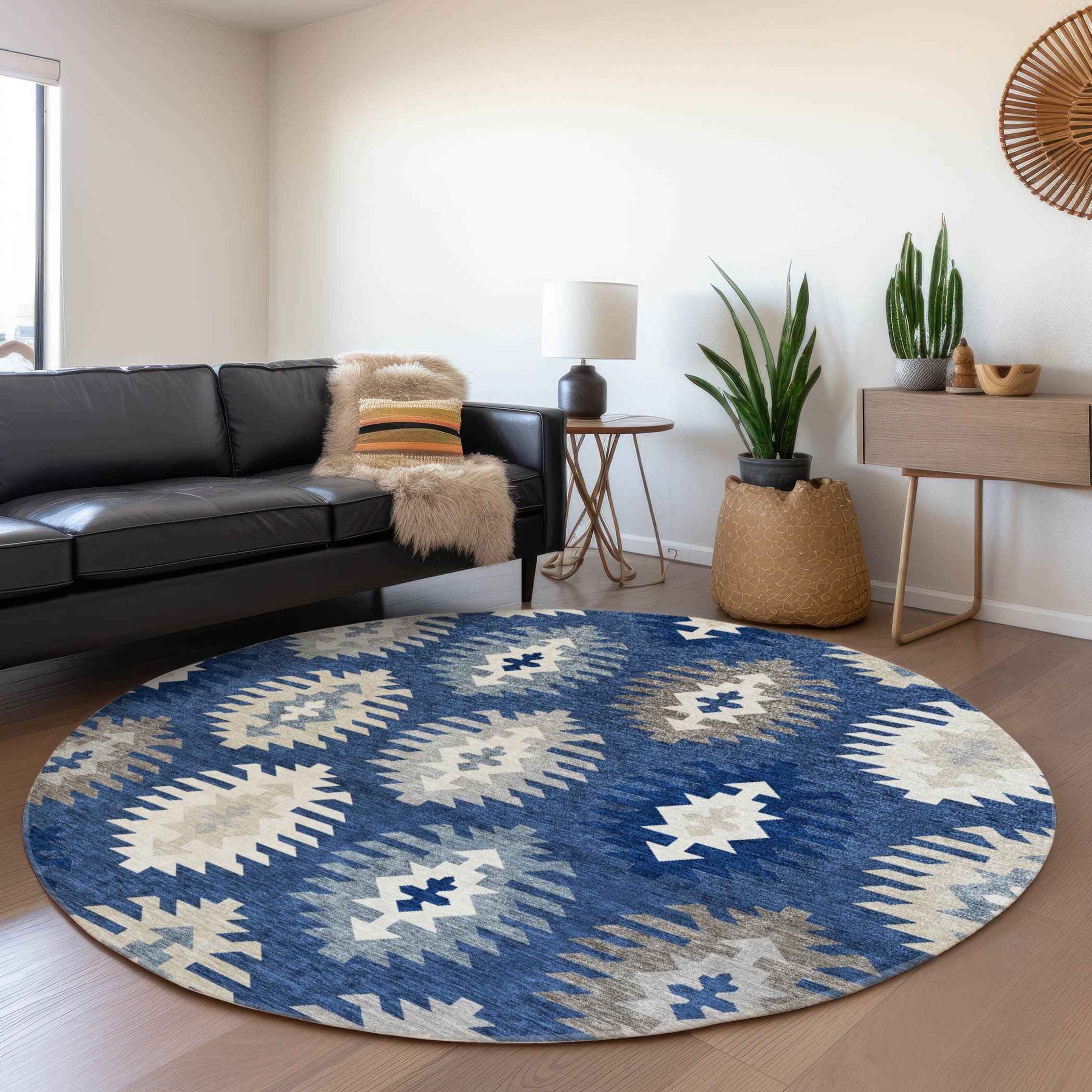 8' Navy Blue Ivory And Gray Round Southwestern Washable Indoor Outdoor Area Rug