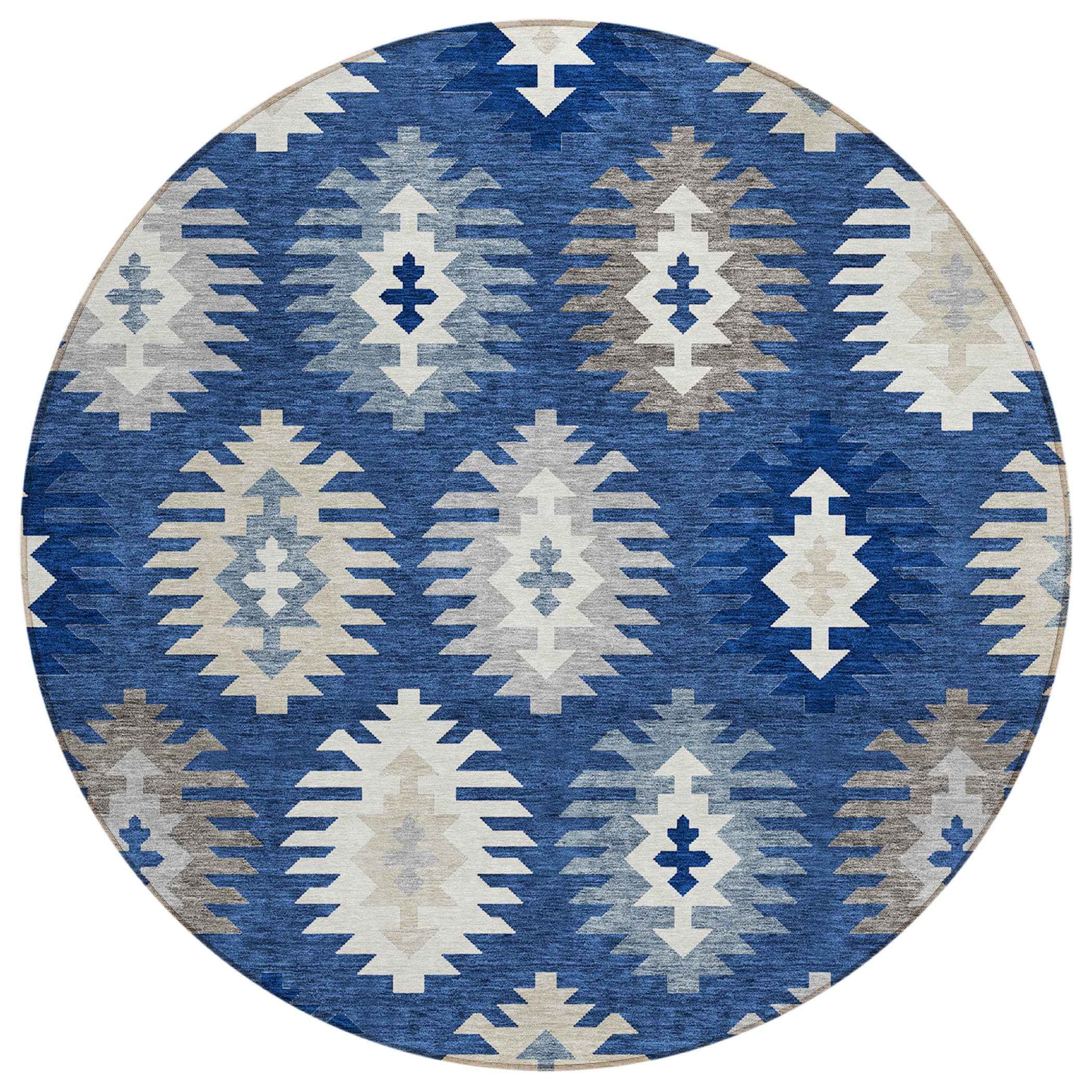 8' Navy Blue Ivory And Gray Round Southwestern Washable Indoor Outdoor Area Rug