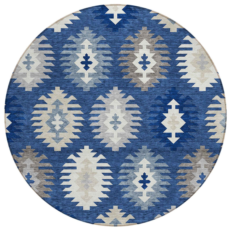 8' Navy Blue Ivory And Gray Round Southwestern Washable Indoor Outdoor Area Rug