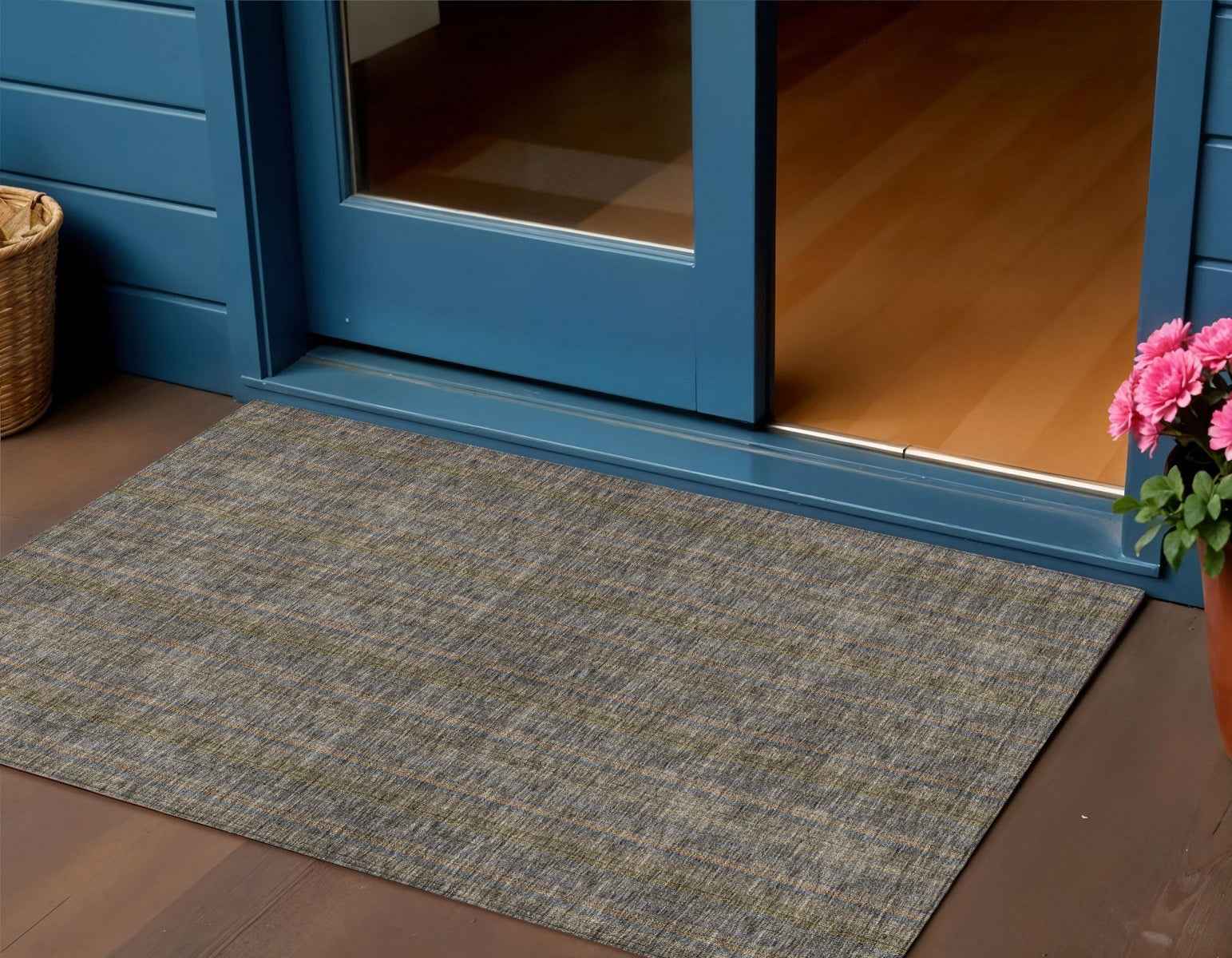 3' X 5' Taupe Denim Blue And Olive Green Striped Washable Indoor Outdoor Area Rug