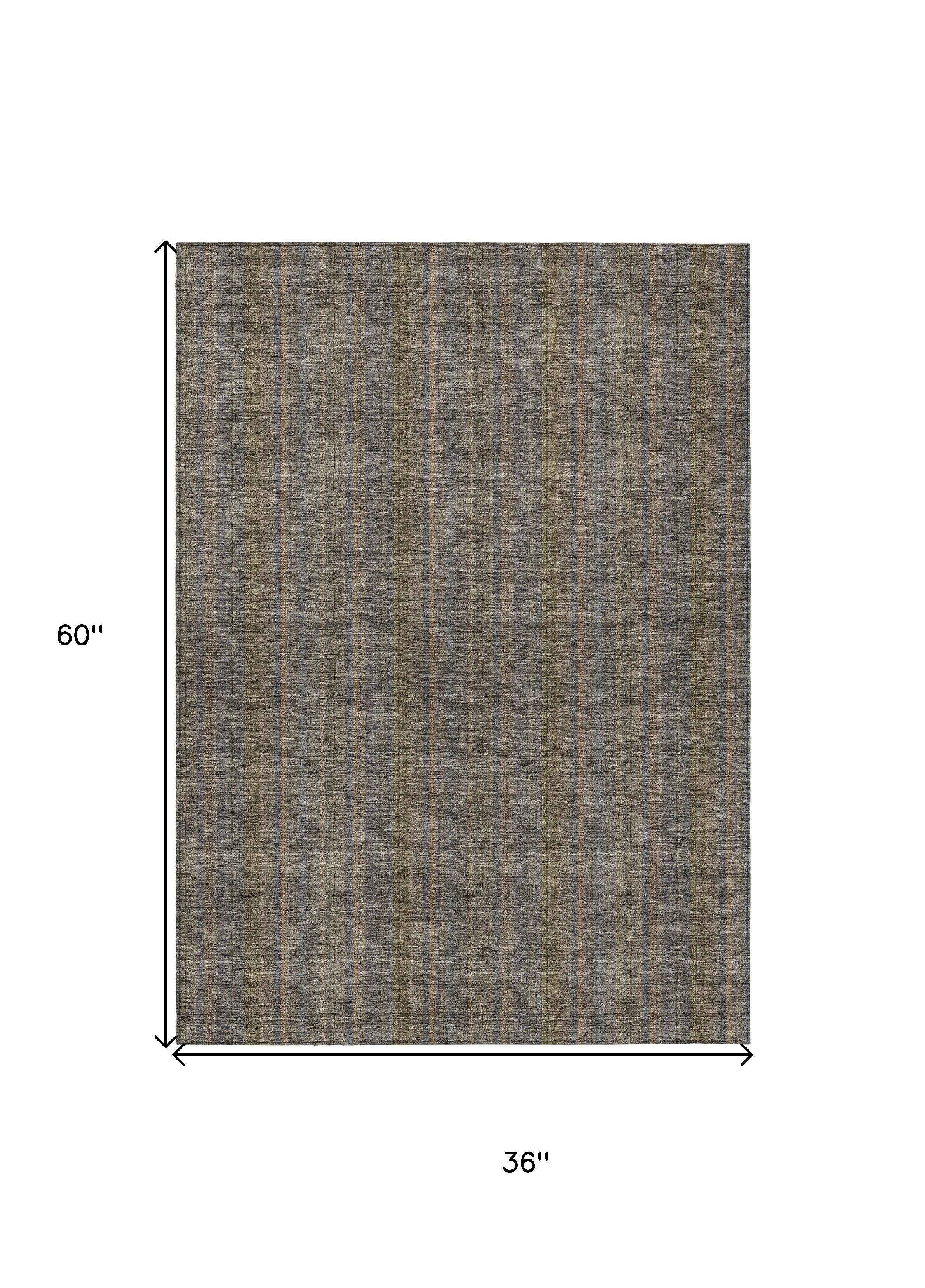 3' X 5' Taupe Denim Blue And Olive Green Striped Washable Indoor Outdoor Area Rug