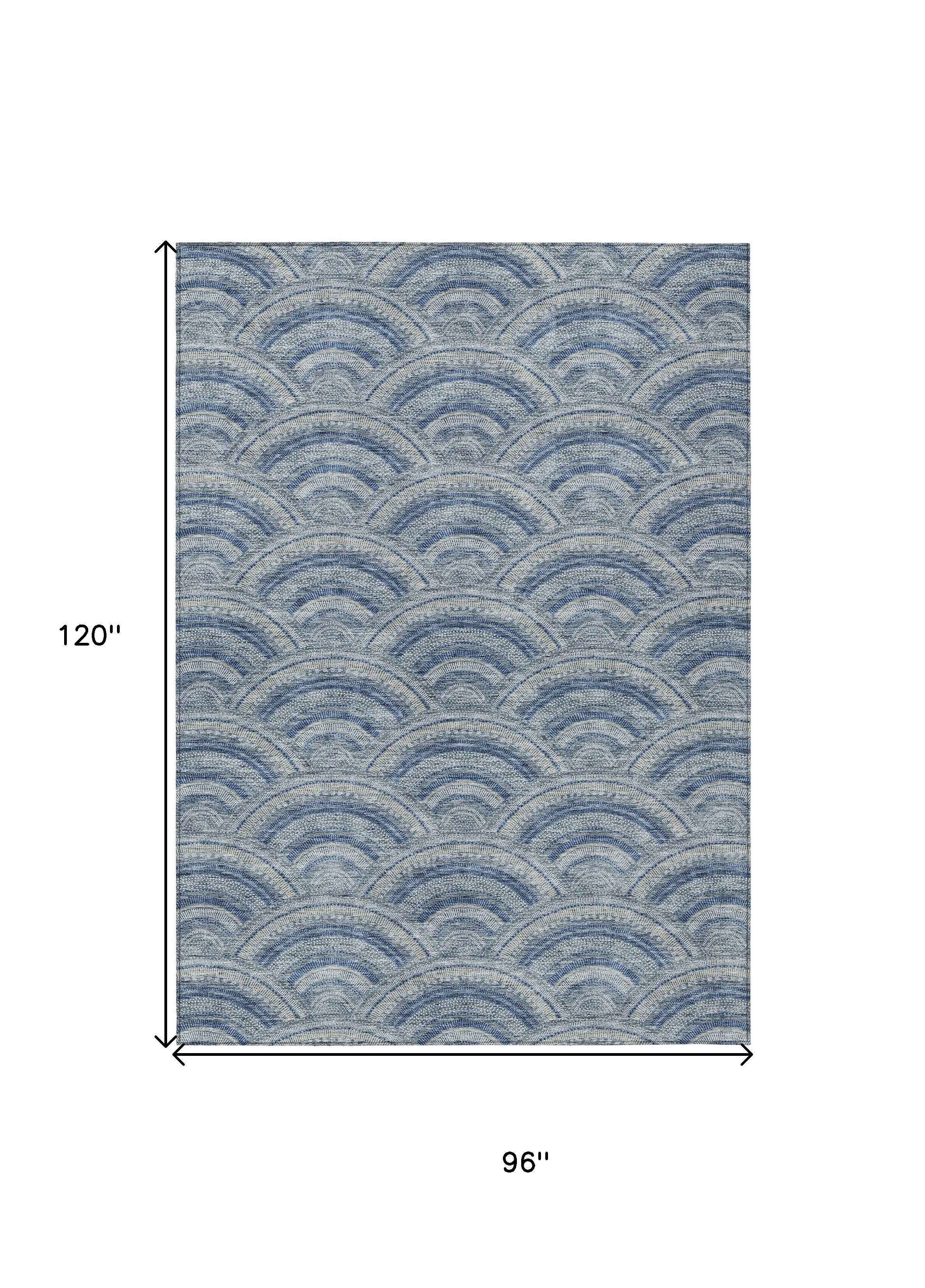 8' X 10' Denim Blue Navy Blue And Ivory Geometric Washable Indoor Outdoor Area Rug