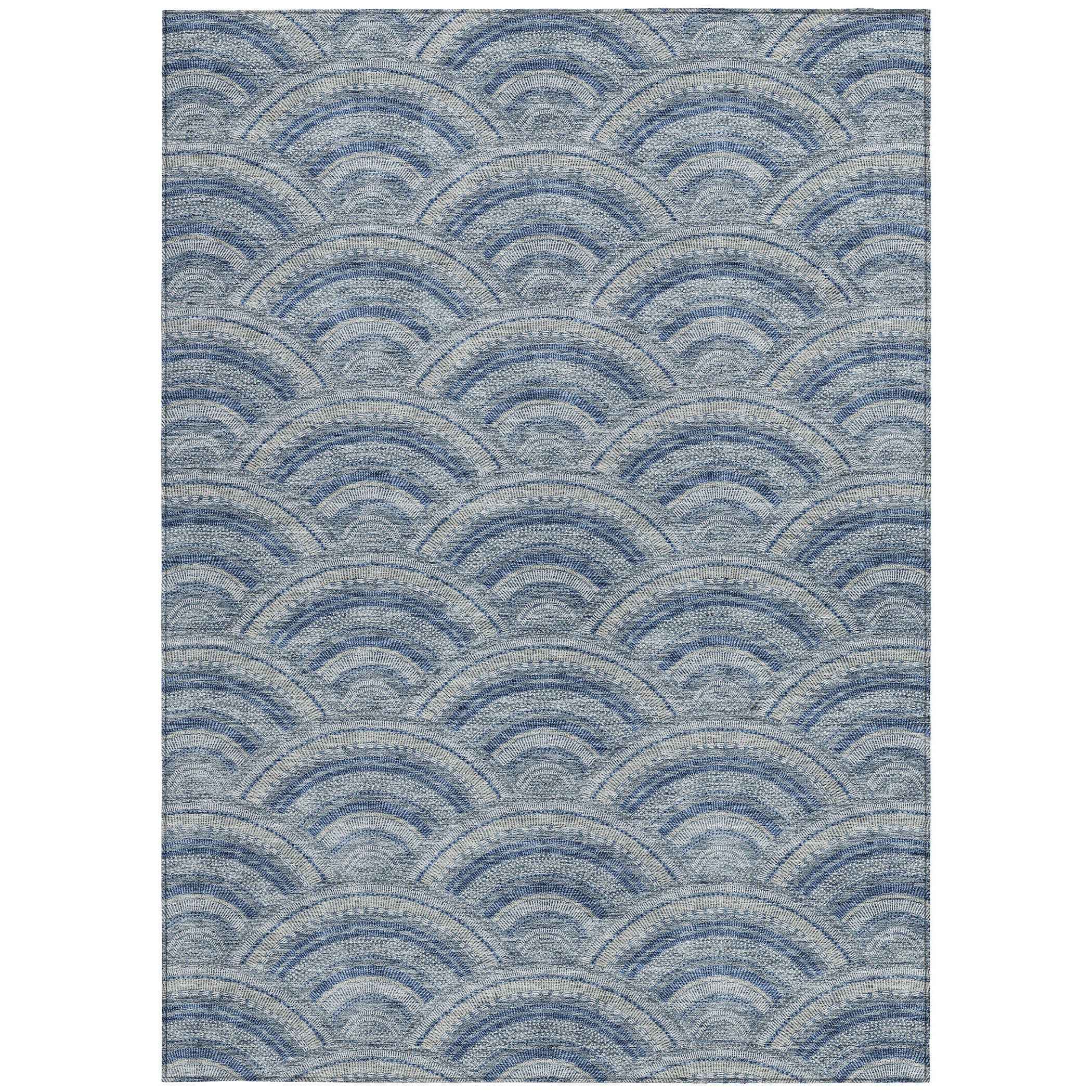 8' X 10' Denim Blue Navy Blue And Ivory Geometric Washable Indoor Outdoor Area Rug
