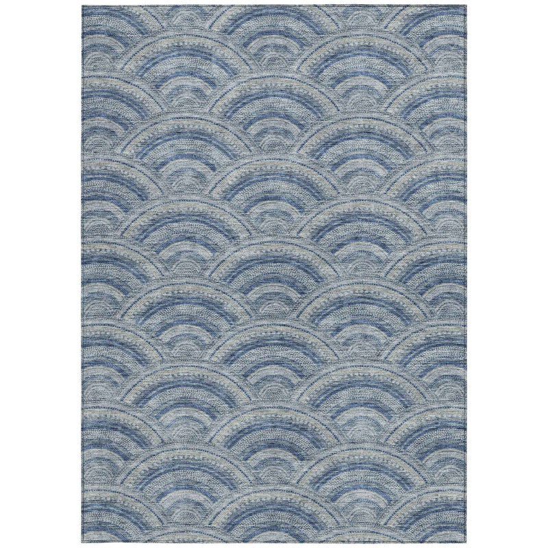 8' X 10' Denim Blue Navy Blue And Ivory Geometric Washable Indoor Outdoor Area Rug