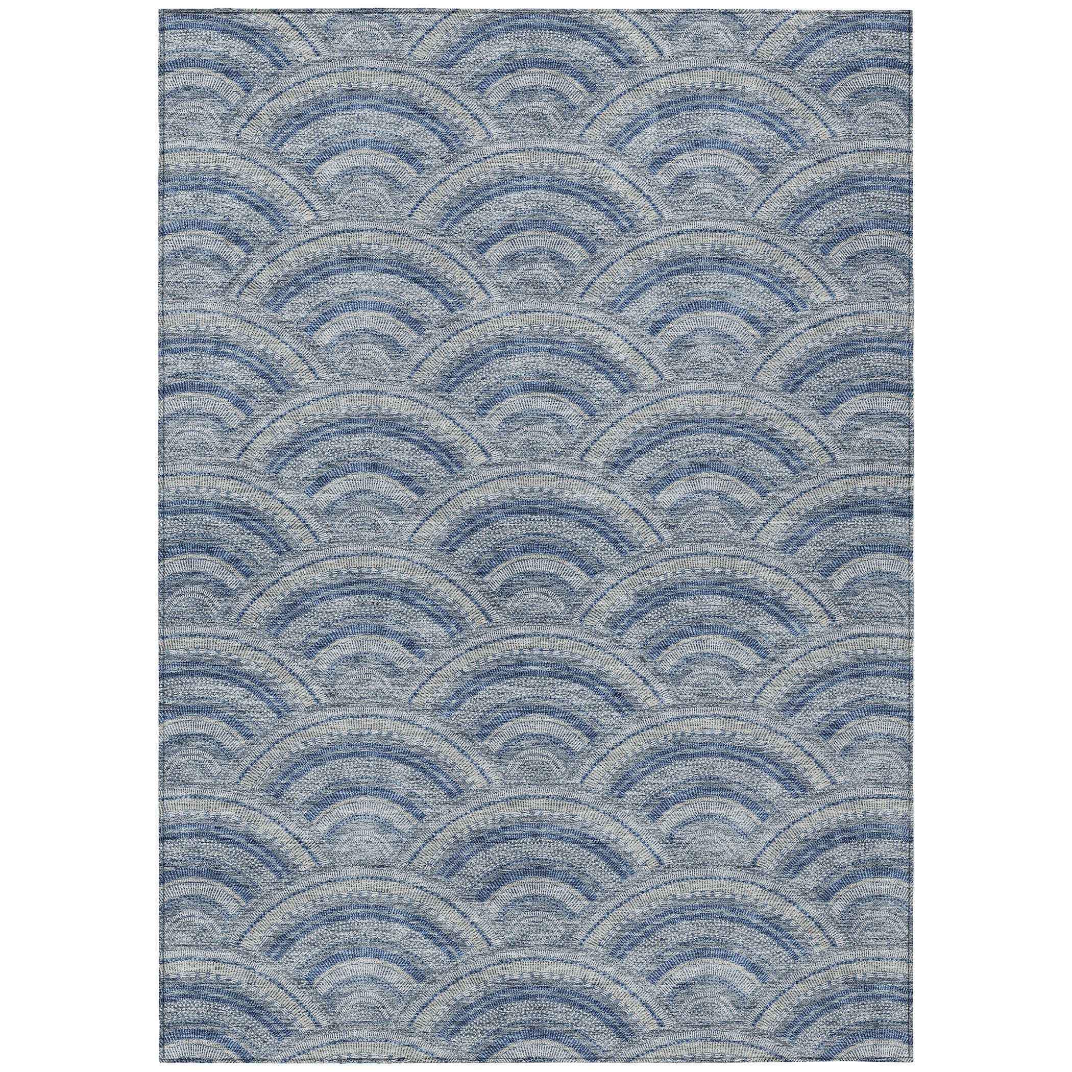 8' X 10' Denim Blue Navy Blue And Ivory Geometric Washable Indoor Outdoor Area Rug