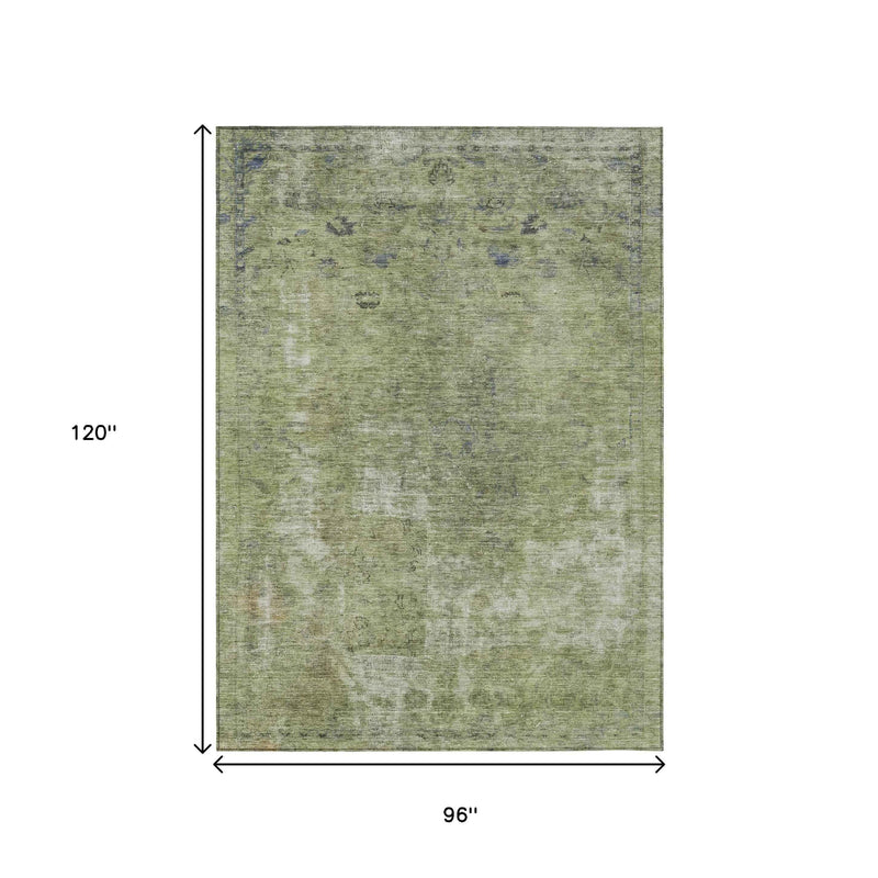 8' X 10' Artichoke Green And Beige Abstract Washable Indoor Outdoor Area Rug