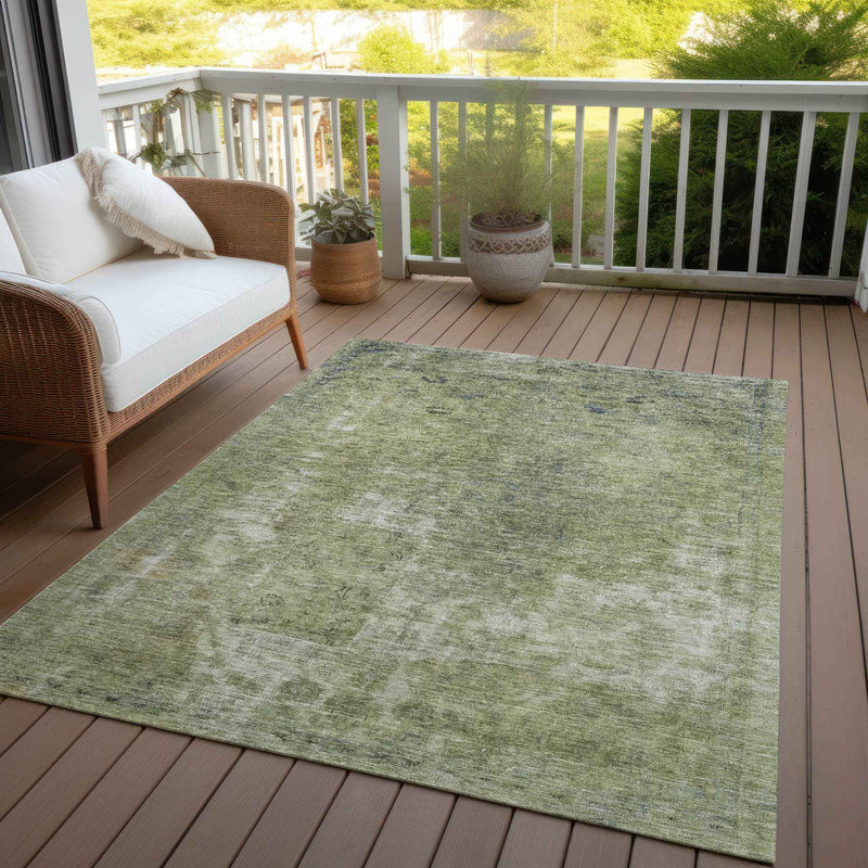 8' X 10' Artichoke Green And Beige Abstract Washable Indoor Outdoor Area Rug