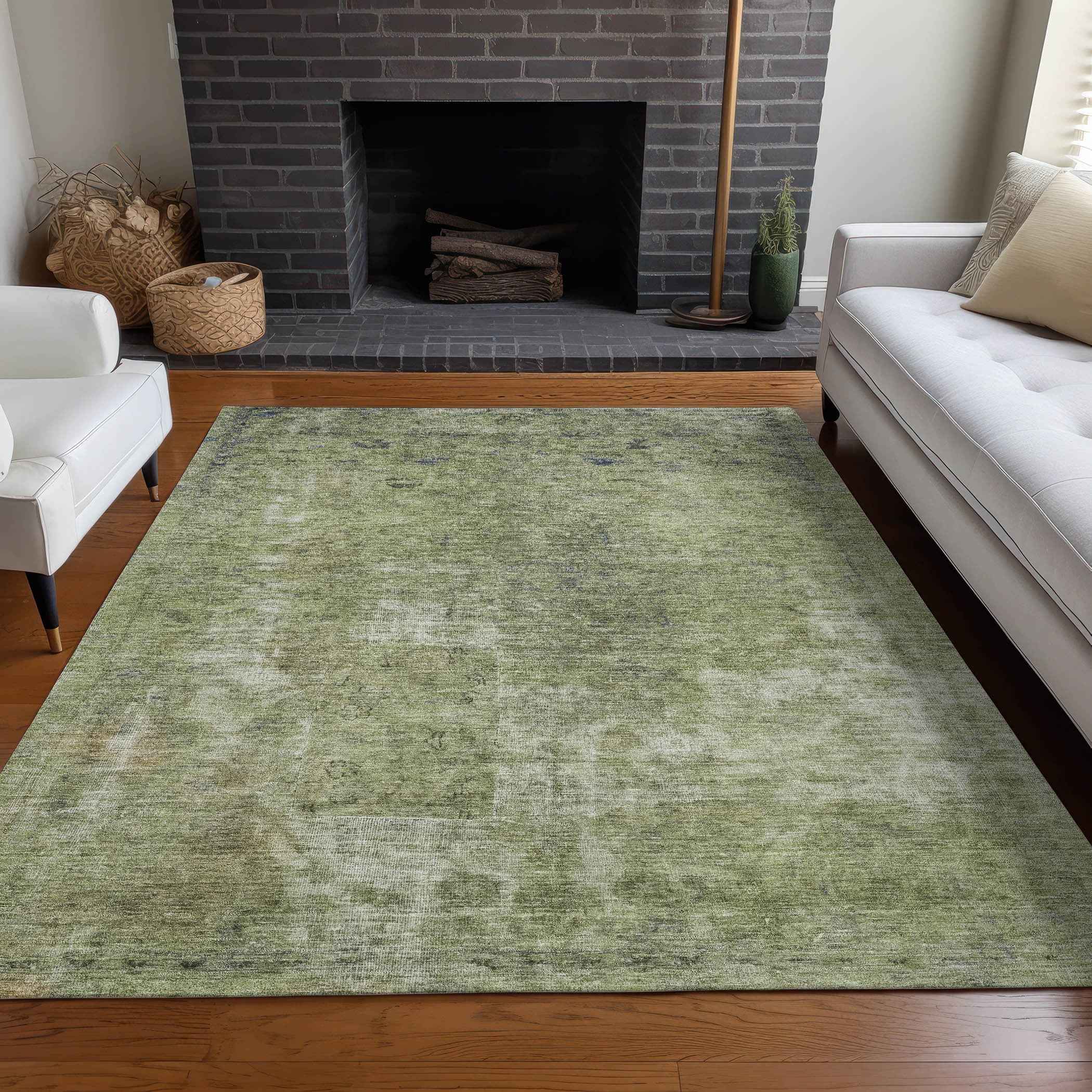 8' X 10' Artichoke Green And Beige Abstract Washable Indoor Outdoor Area Rug
