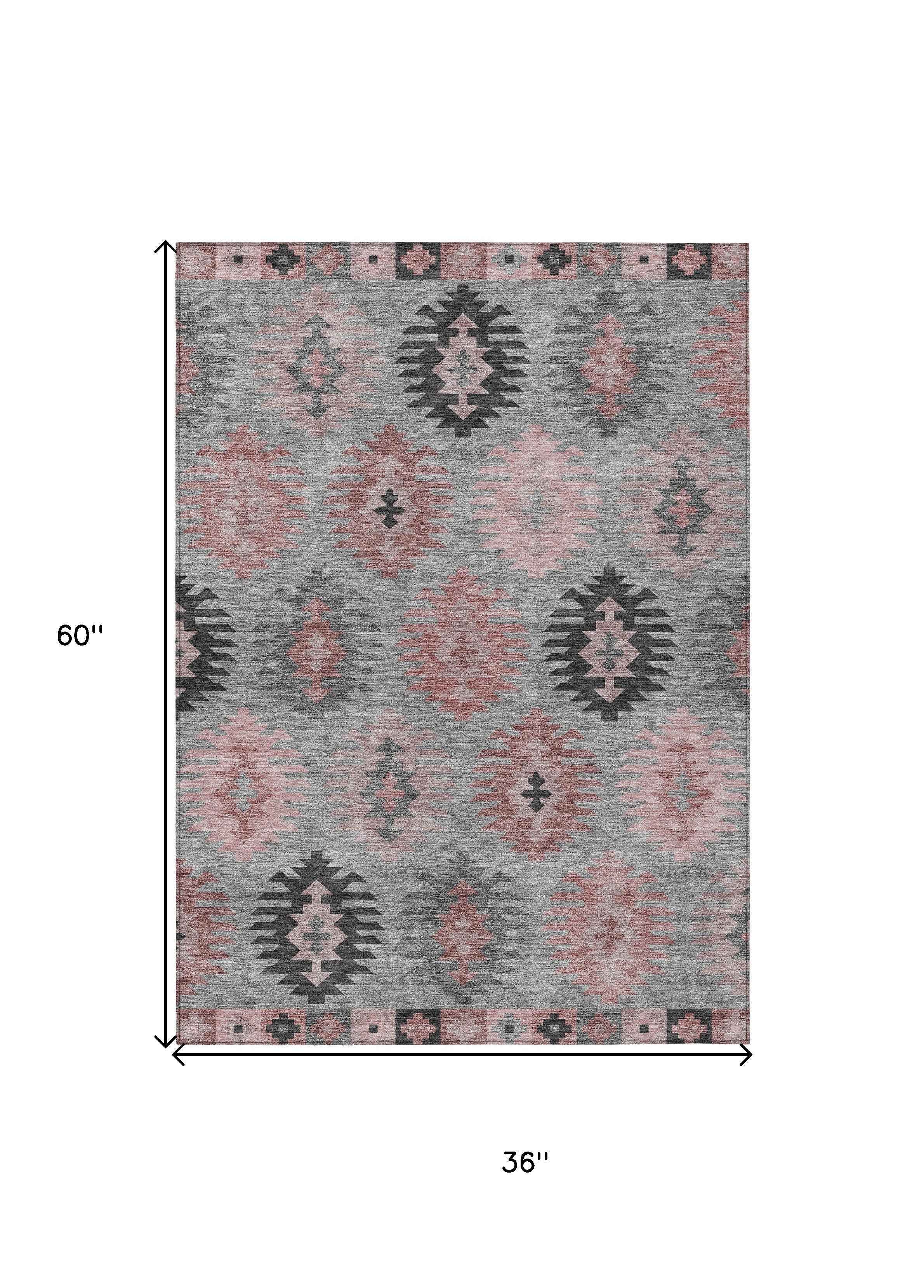 3' X 5' Gray Mauve And Charcoal Southwestern Washable Indoor Outdoor Area Rug