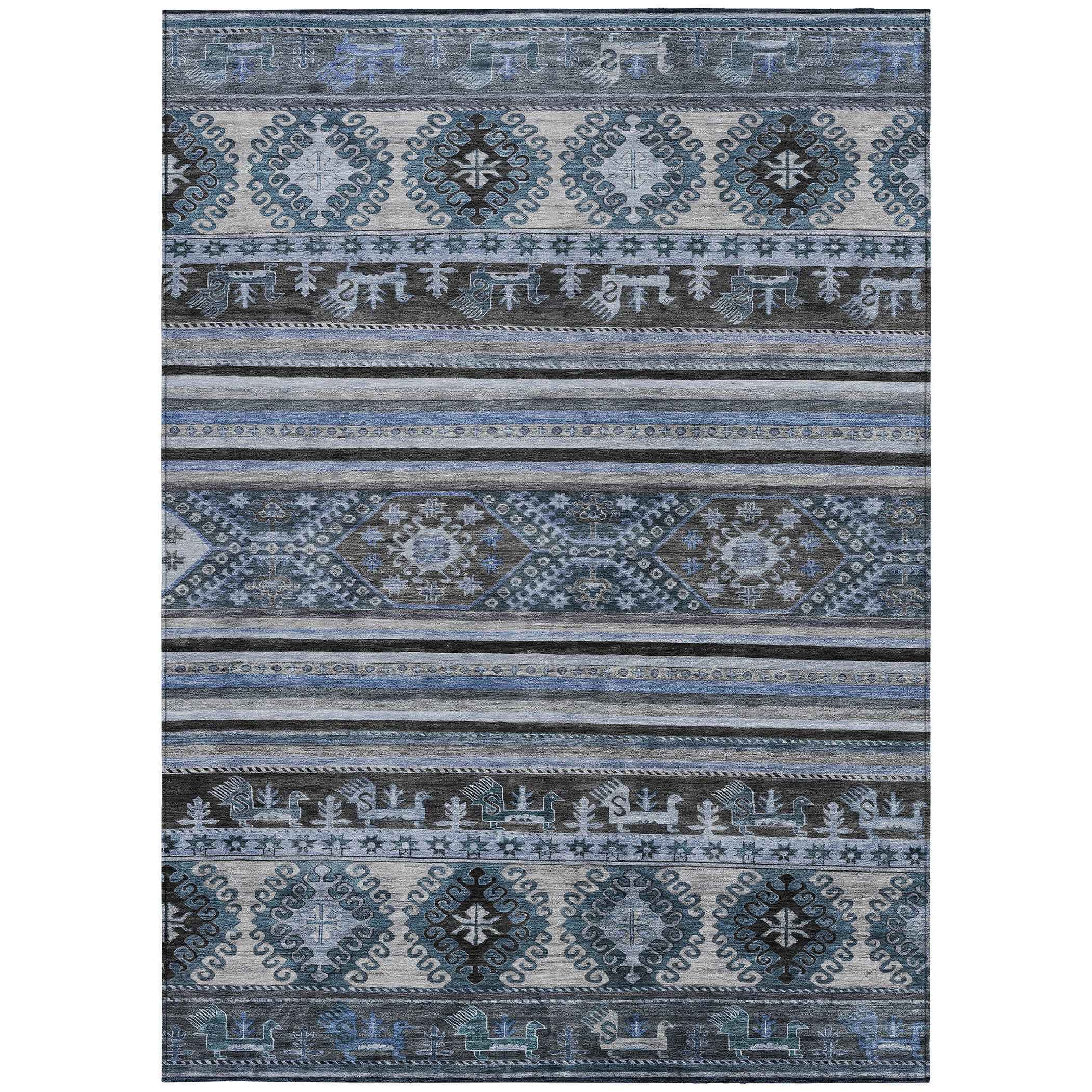5' X 8' Blue Gray And Charcoal Tribal Washable Indoor Outdoor Area Rug