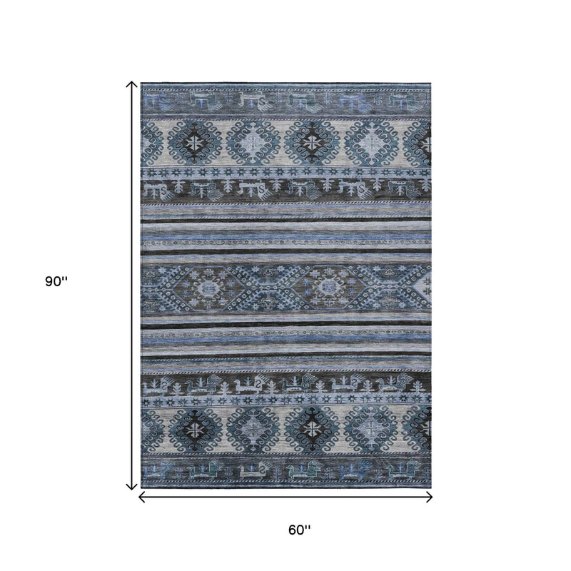 5' X 8' Blue Gray And Charcoal Tribal Washable Indoor Outdoor Area Rug