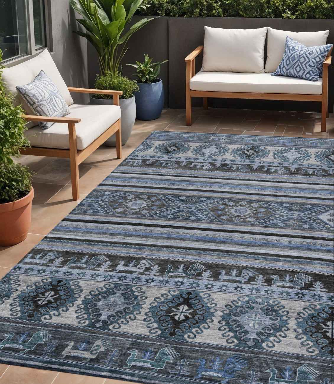 5' X 8' Blue Gray And Charcoal Tribal Washable Indoor Outdoor Area Rug