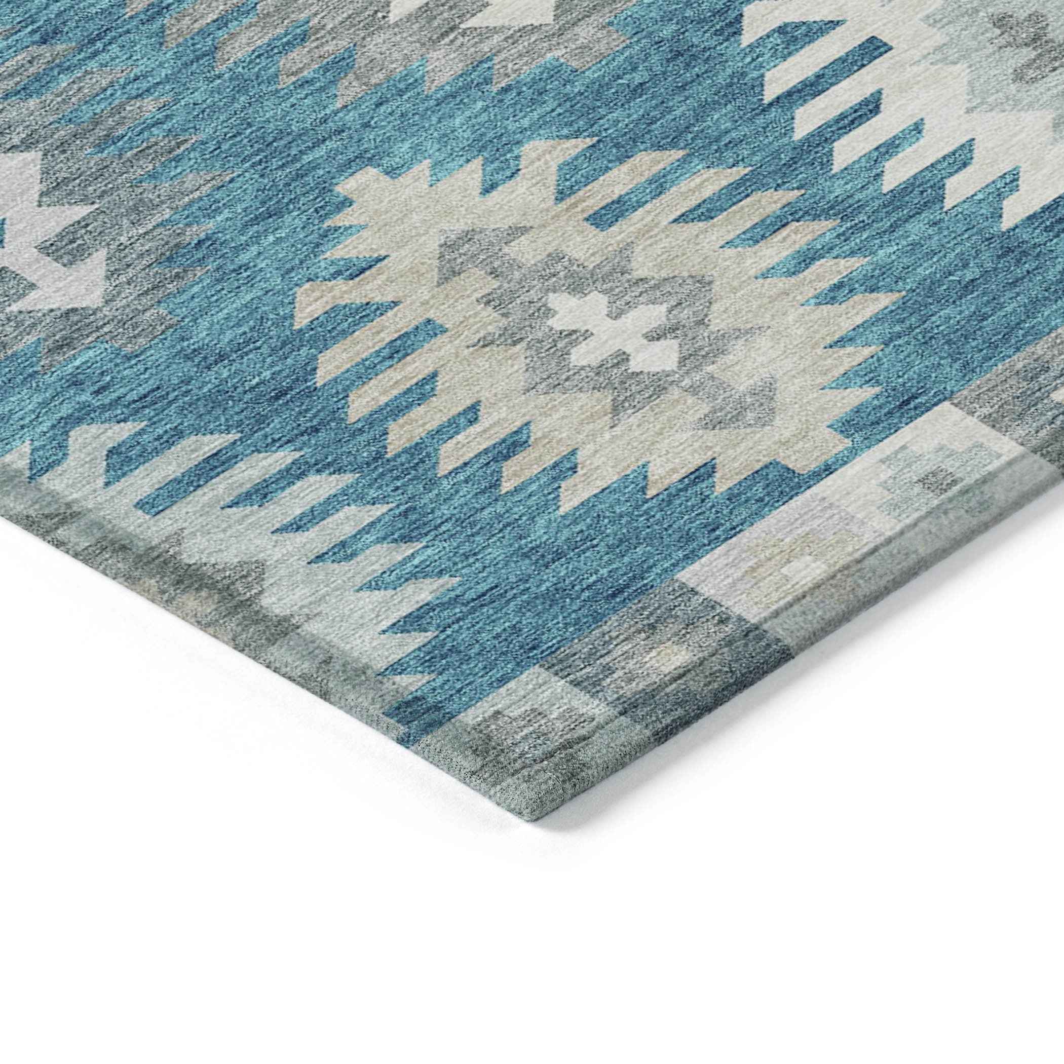 5' X 8' Teal Blue Ivory And Gray Southwestern Washable Indoor Outdoor Area Rug