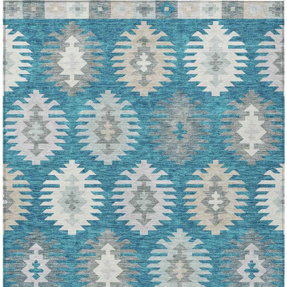 5' X 8' Teal Blue Ivory And Gray Southwestern Washable Indoor Outdoor Area Rug
