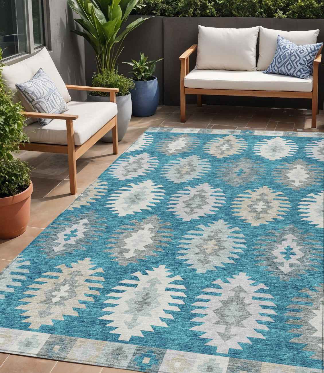 5' X 8' Teal Blue Ivory And Gray Southwestern Washable Indoor Outdoor Area Rug