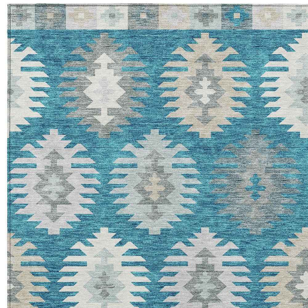 5' X 8' Teal Blue Ivory And Gray Southwestern Washable Indoor Outdoor Area Rug