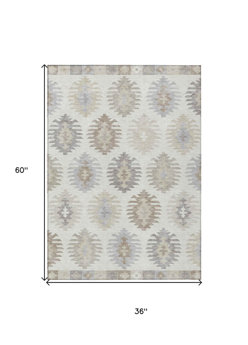 3' X 5' Ivory Khaki And Gray Southwestern Washable Indoor Outdoor Area Rug