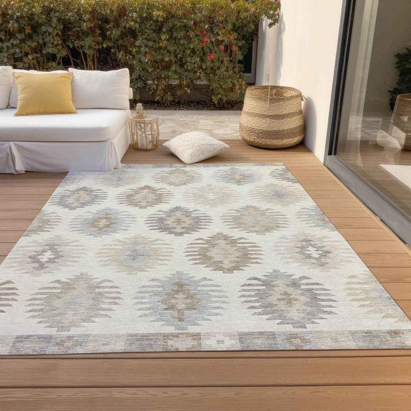 3' X 5' Ivory Khaki And Gray Southwestern Washable Indoor Outdoor Area Rug