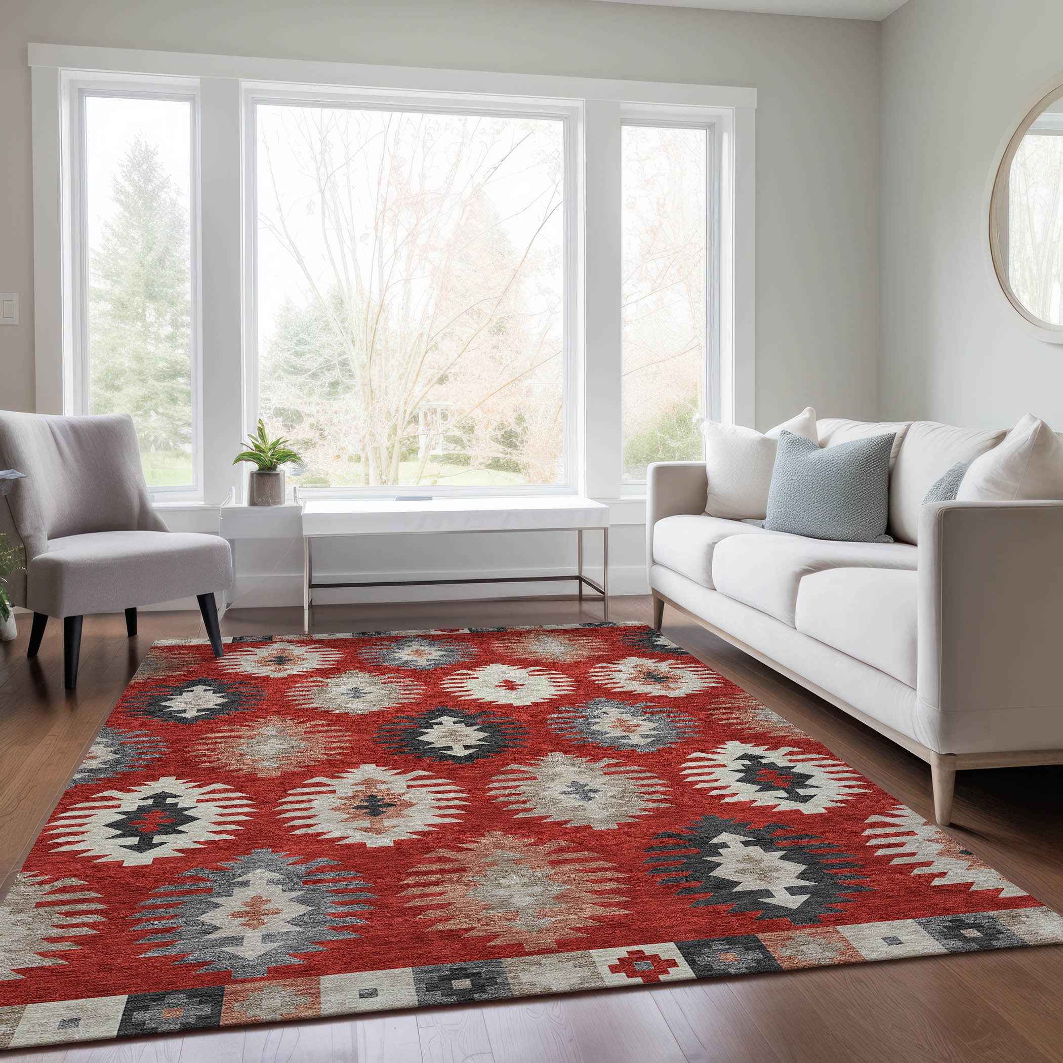 3' X 5' Red Ivory And Salmon Southwestern Washable Indoor Outdoor Area Rug