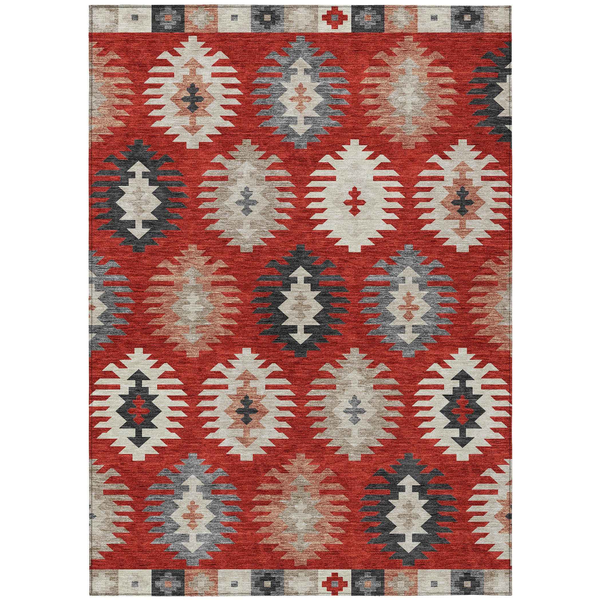 3' X 5' Red Ivory And Salmon Southwestern Washable Indoor Outdoor Area Rug