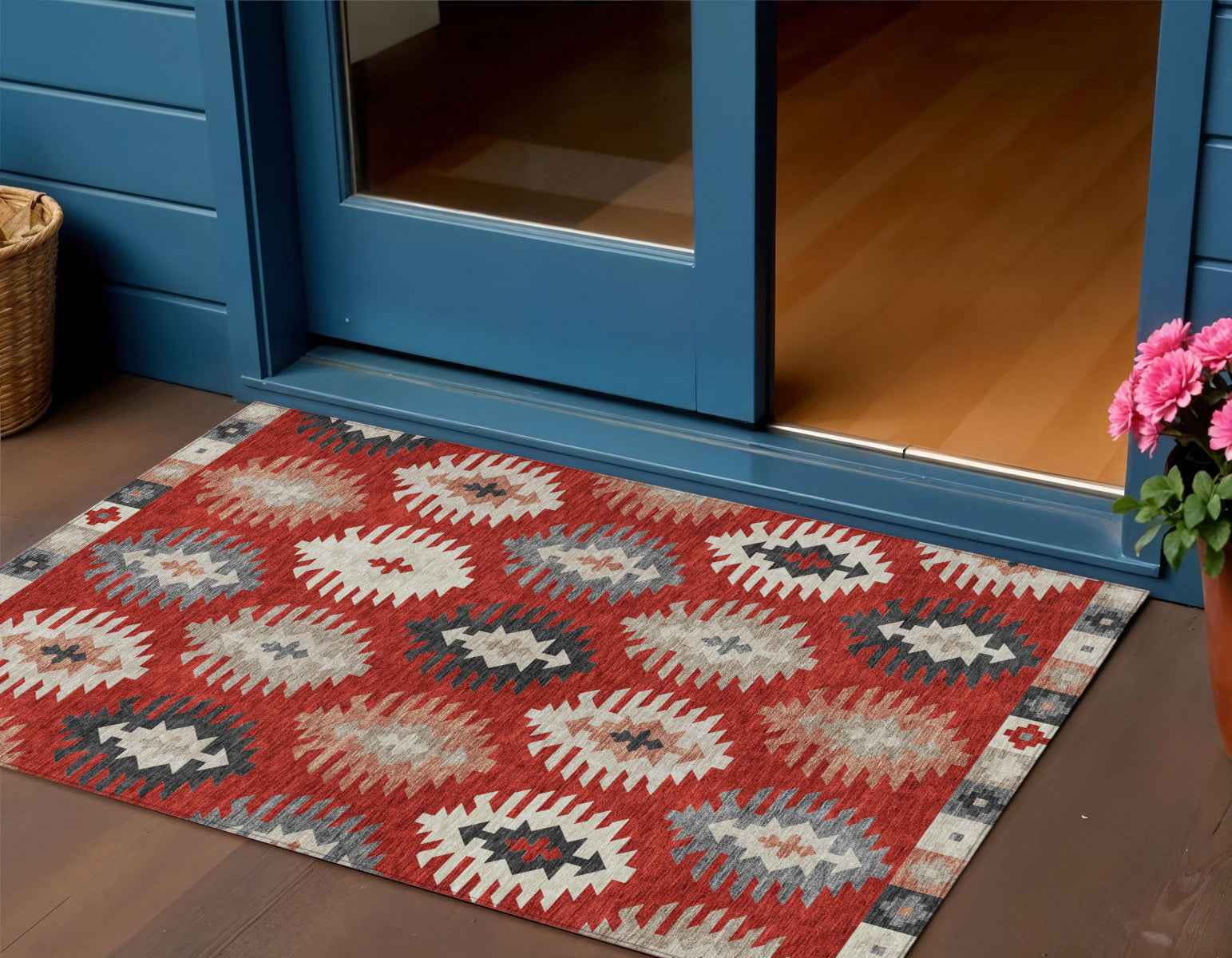 3' X 5' Red Ivory And Salmon Southwestern Washable Indoor Outdoor Area Rug