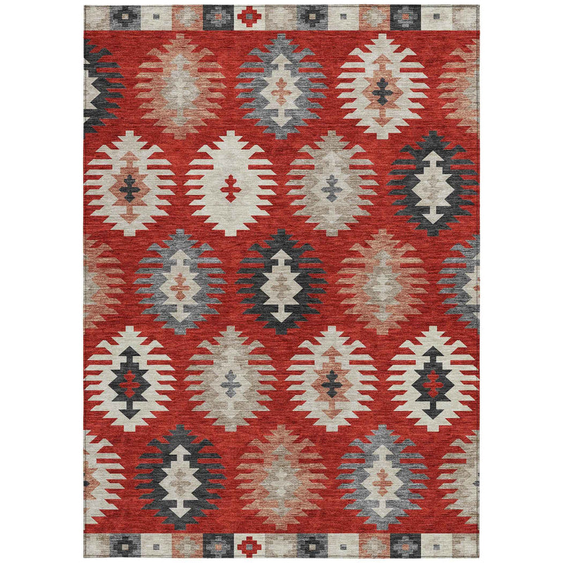 3' X 5' Red Ivory And Salmon Southwestern Washable Indoor Outdoor Area Rug
