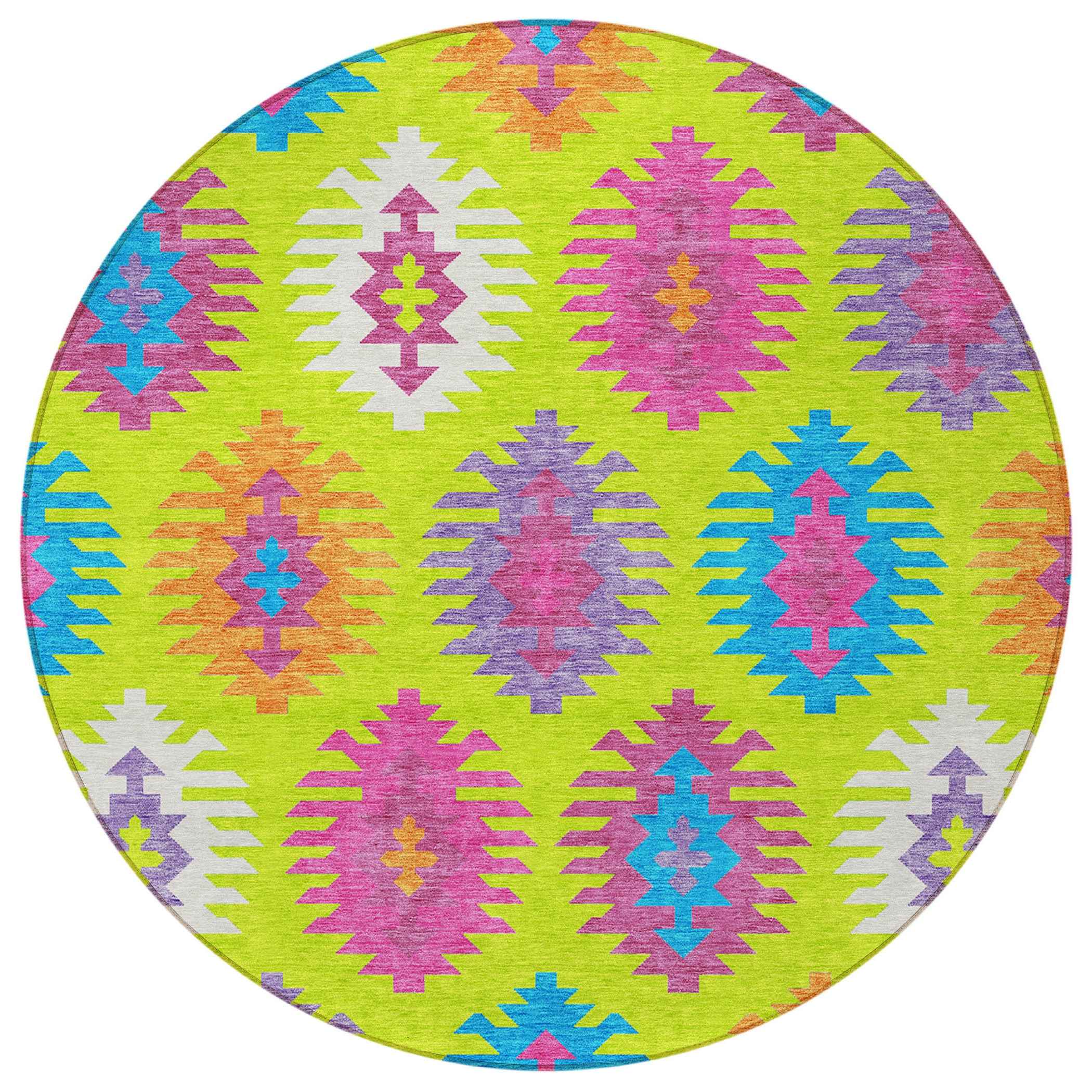 8' Lime Green Pink And Purple Round Southwestern Washable Indoor Outdoor Area Rug