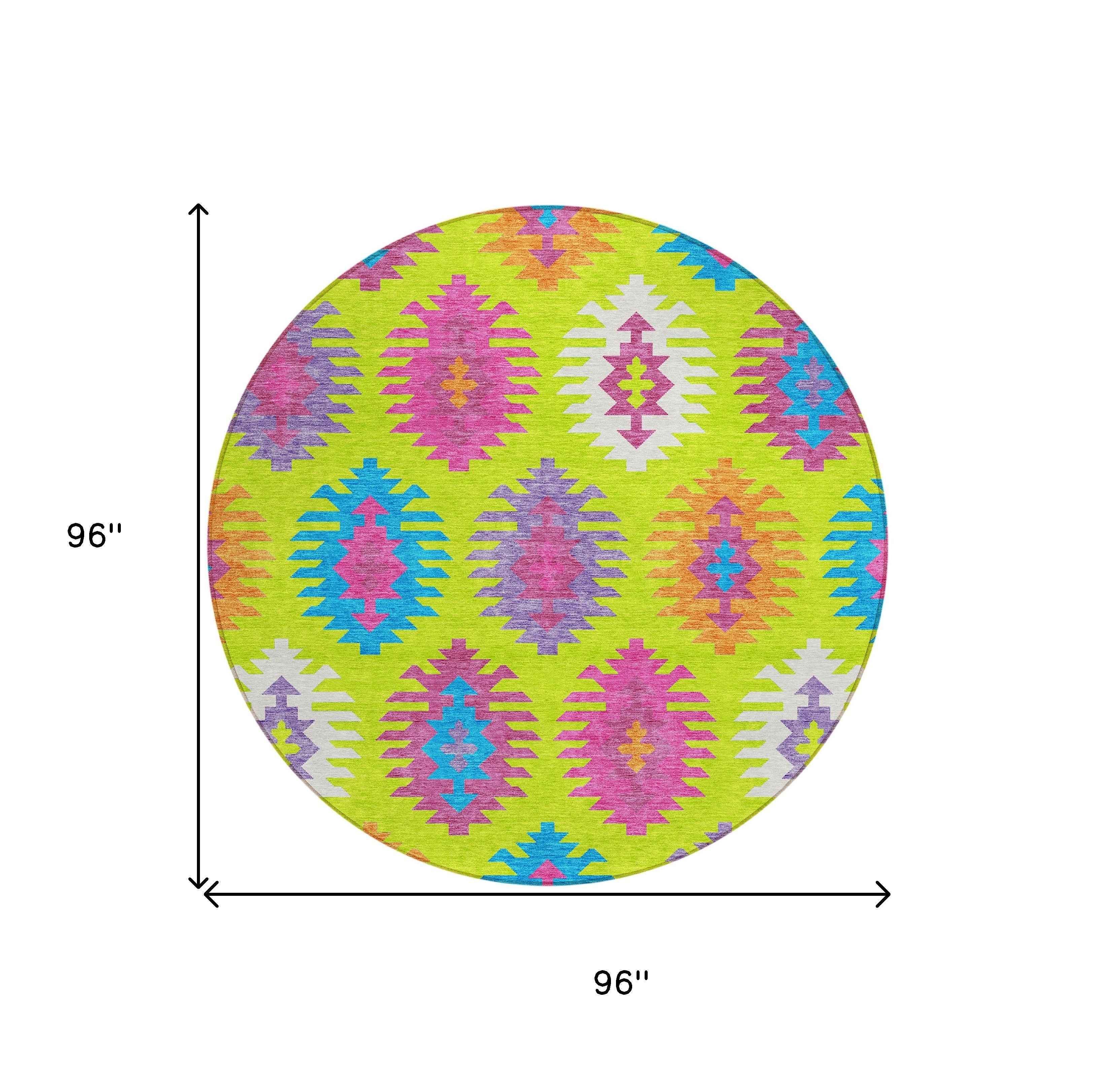 8' Lime Green Pink And Purple Round Southwestern Washable Indoor Outdoor Area Rug