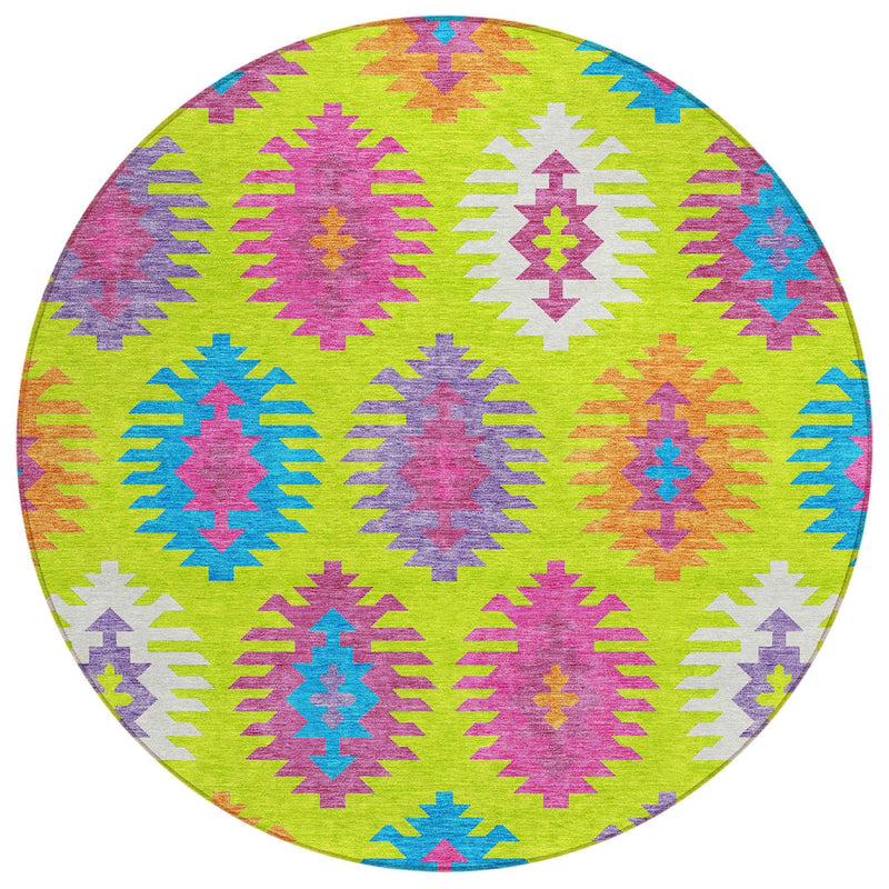 8' Lime Green Pink And Purple Round Southwestern Washable Indoor Outdoor Area Rug