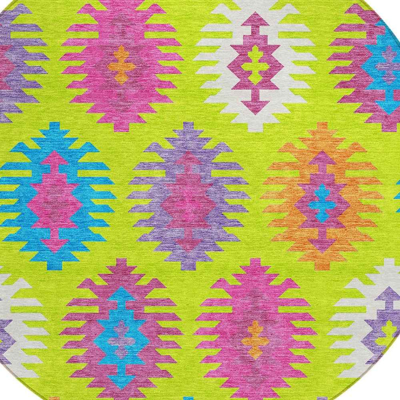 8' Lime Green Pink And Purple Round Southwestern Washable Indoor Outdoor Area Rug