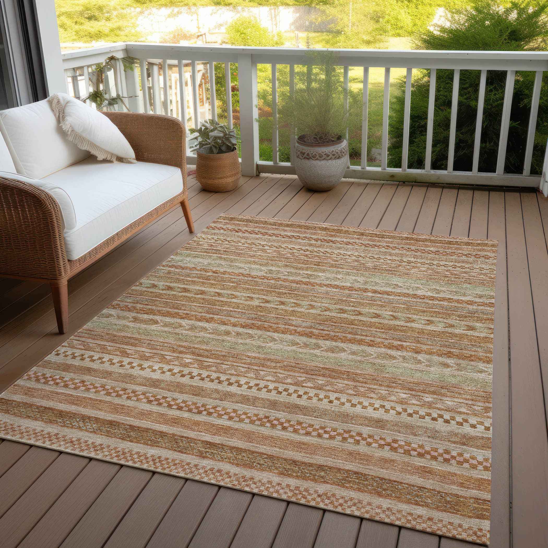 9' X 12' Terra Cotta And Rust Striped Washable Indoor Outdoor Area Rug