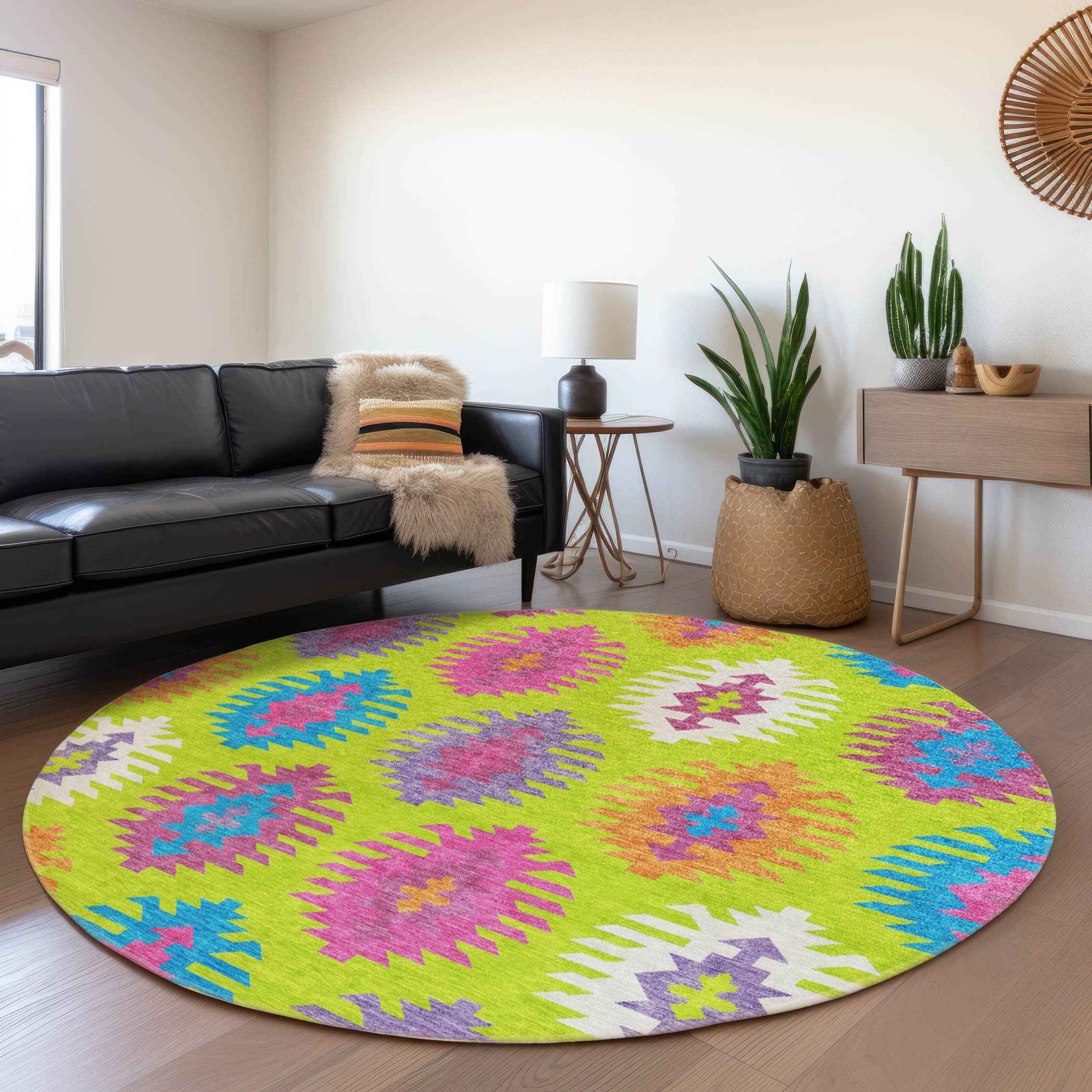 8' Lime Green Pink And Purple Round Southwestern Washable Indoor Outdoor Area Rug
