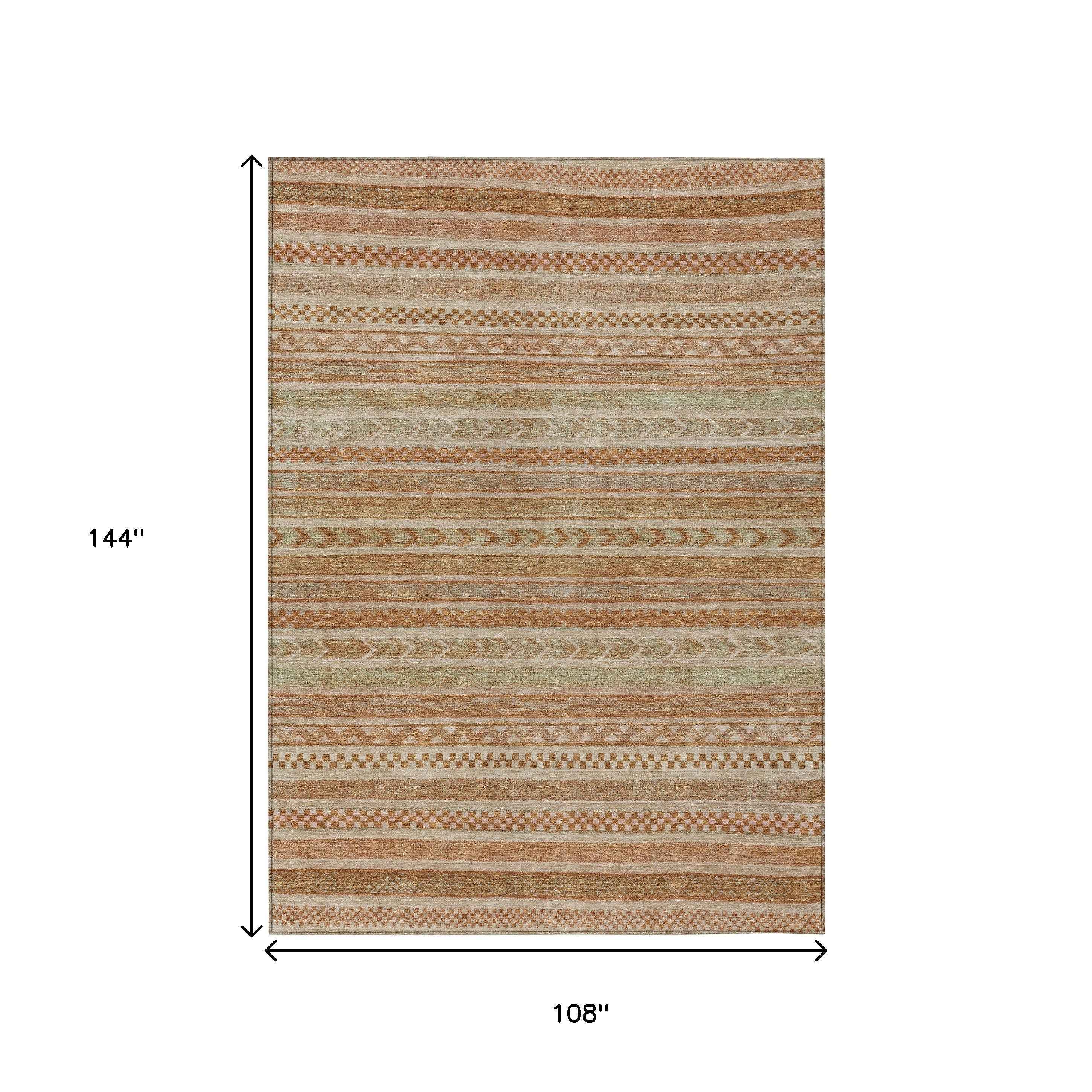 9' X 12' Terra Cotta And Rust Striped Washable Indoor Outdoor Area Rug