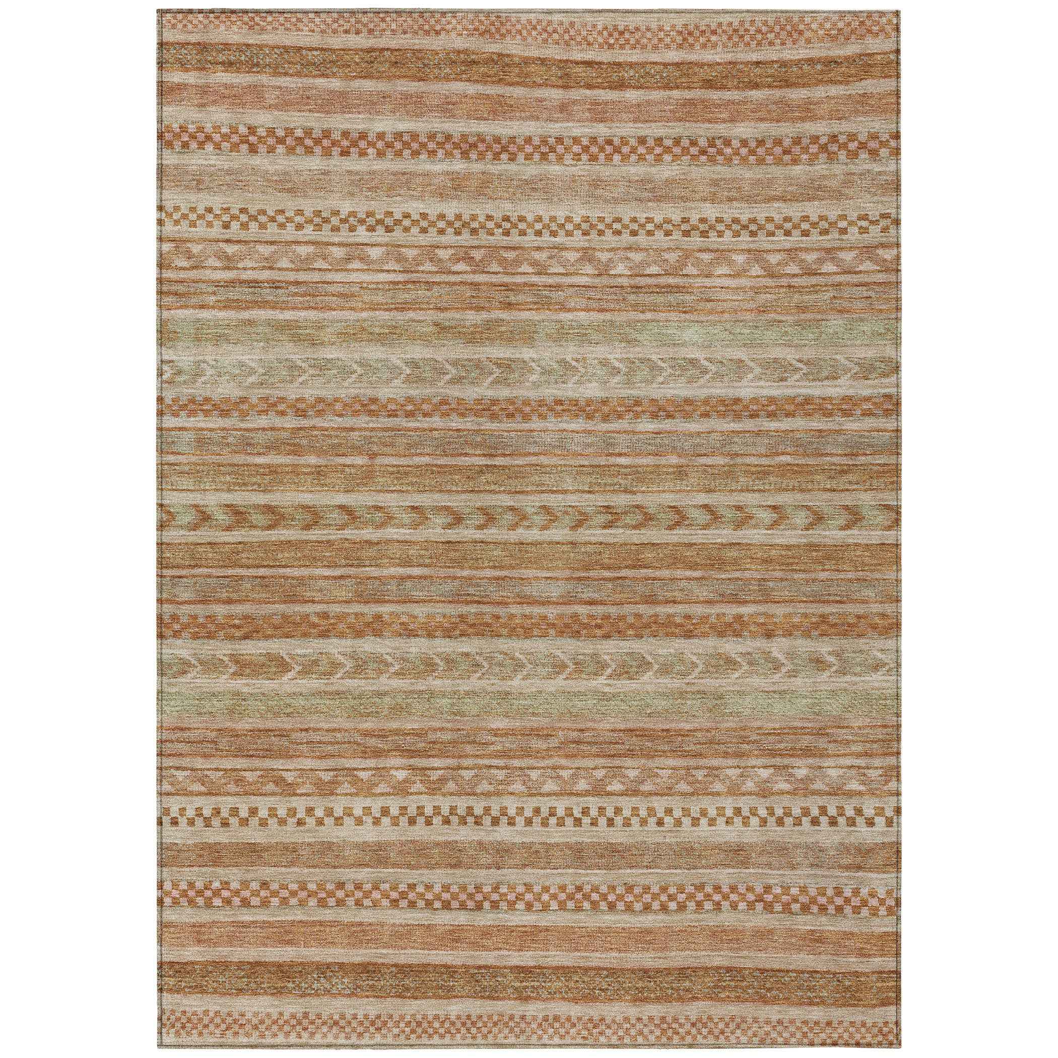 9' X 12' Terra Cotta And Rust Striped Washable Indoor Outdoor Area Rug