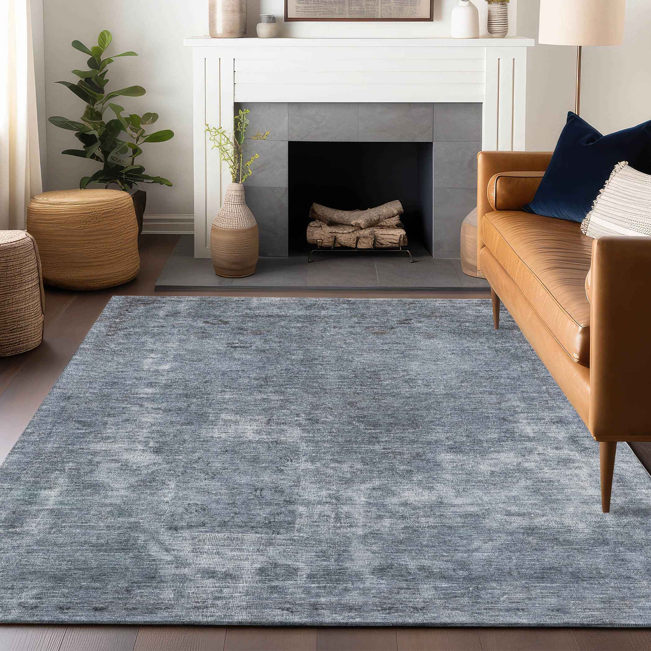 5' X 8' Blue And Gray Abstract Washable Indoor Outdoor Area Rug