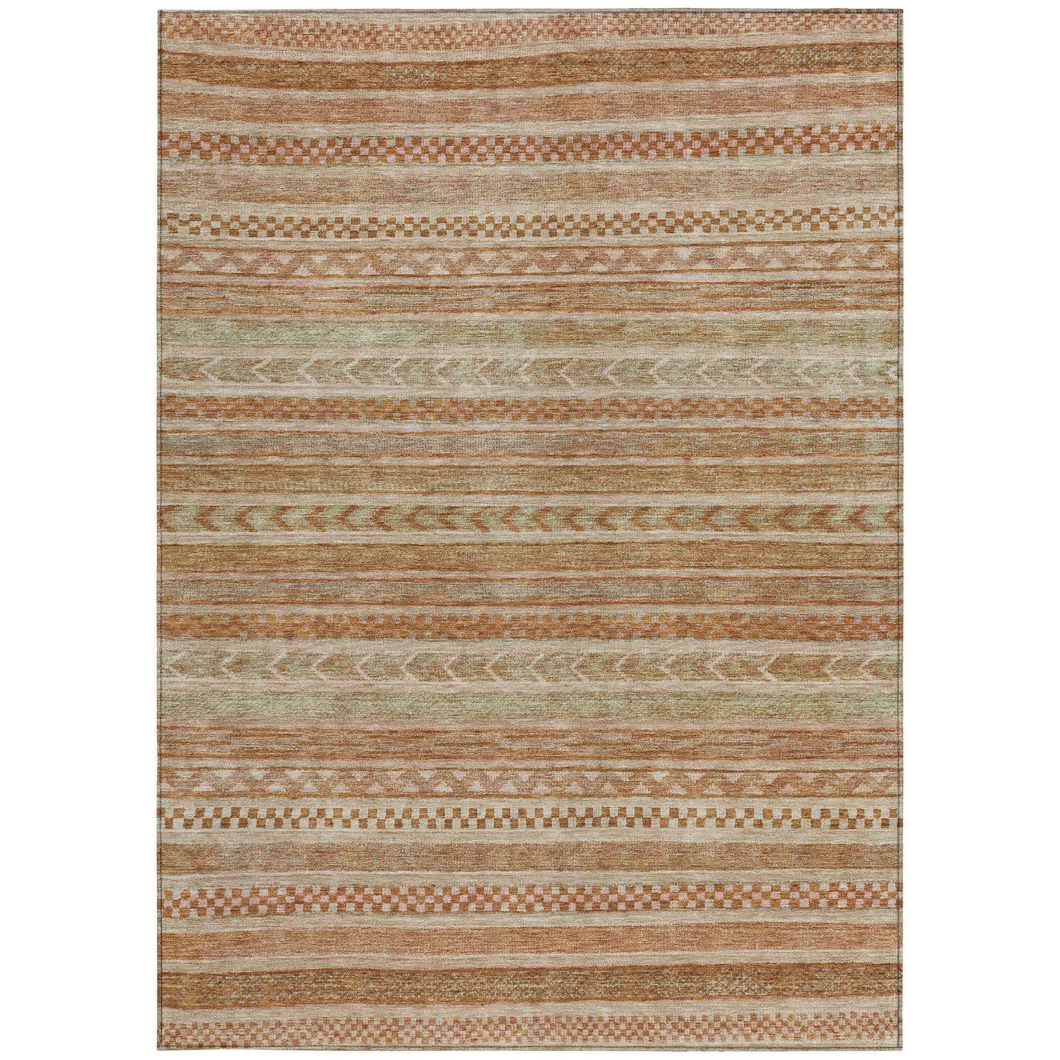 9' X 12' Terra Cotta And Rust Striped Washable Indoor Outdoor Area Rug