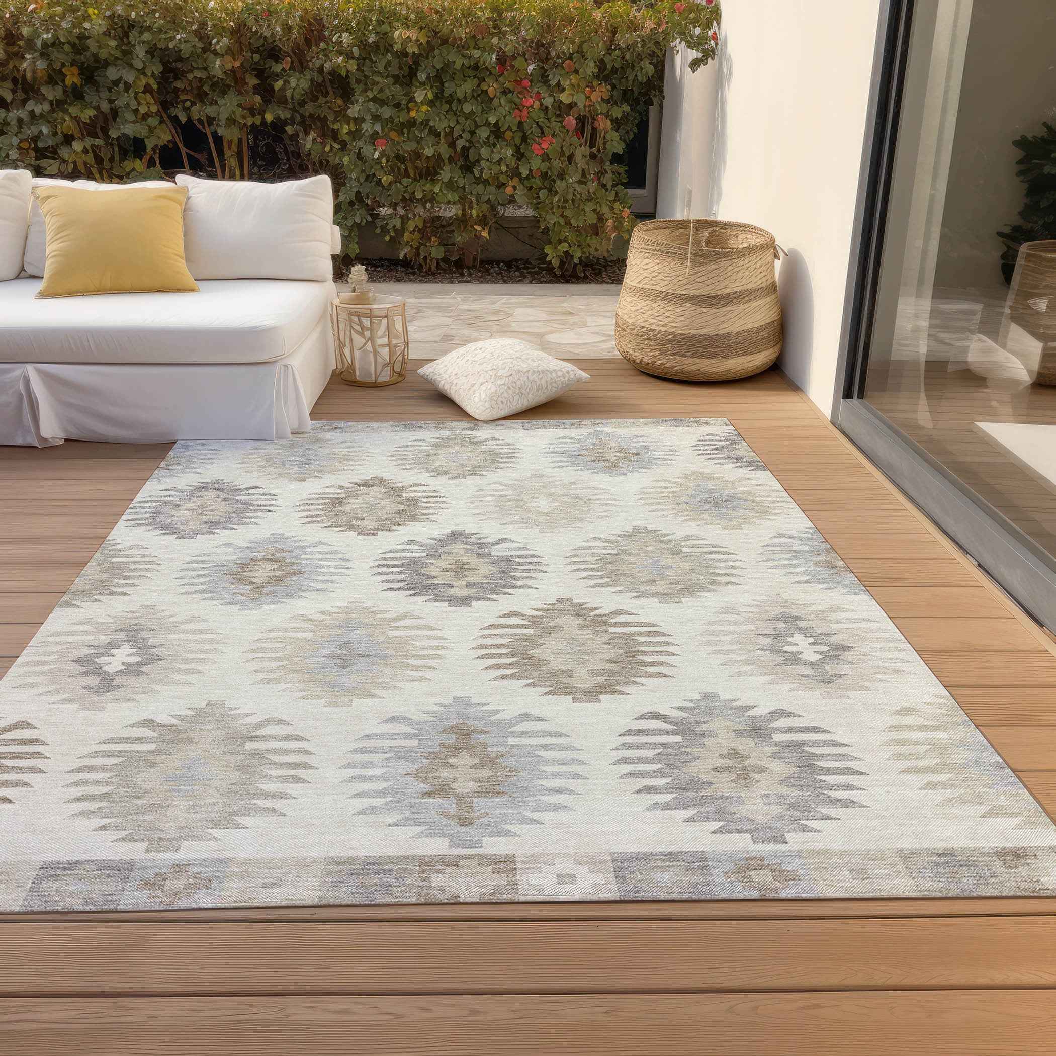 5' X 8' Ivory Khaki And Gray Southwestern Washable Indoor Outdoor Area Rug