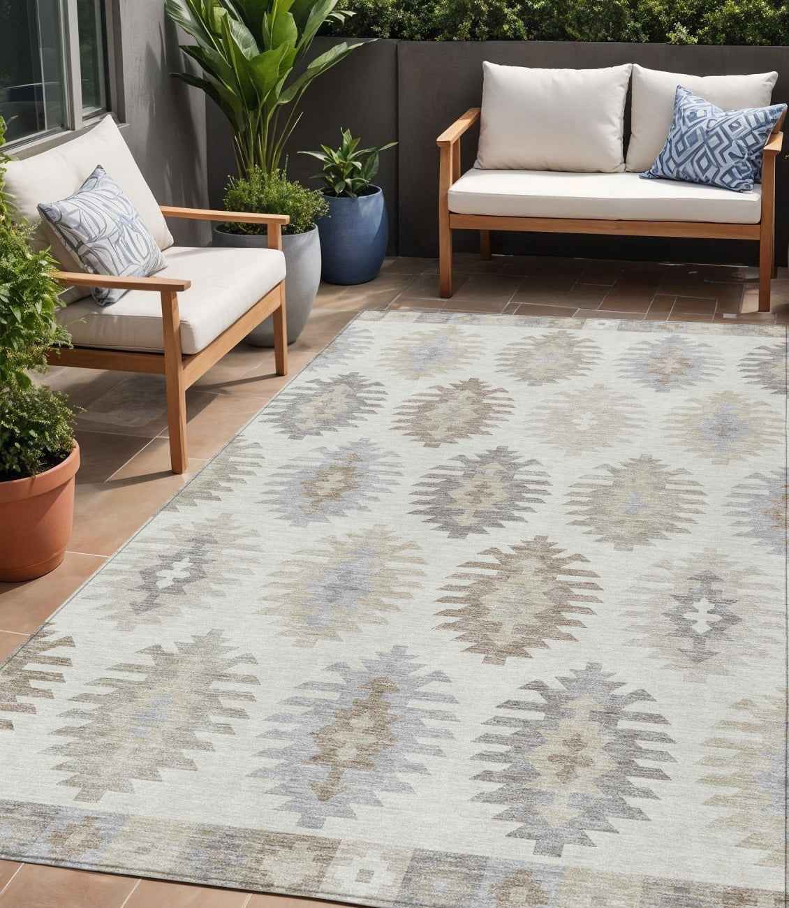 5' X 8' Ivory Khaki And Gray Southwestern Washable Indoor Outdoor Area Rug