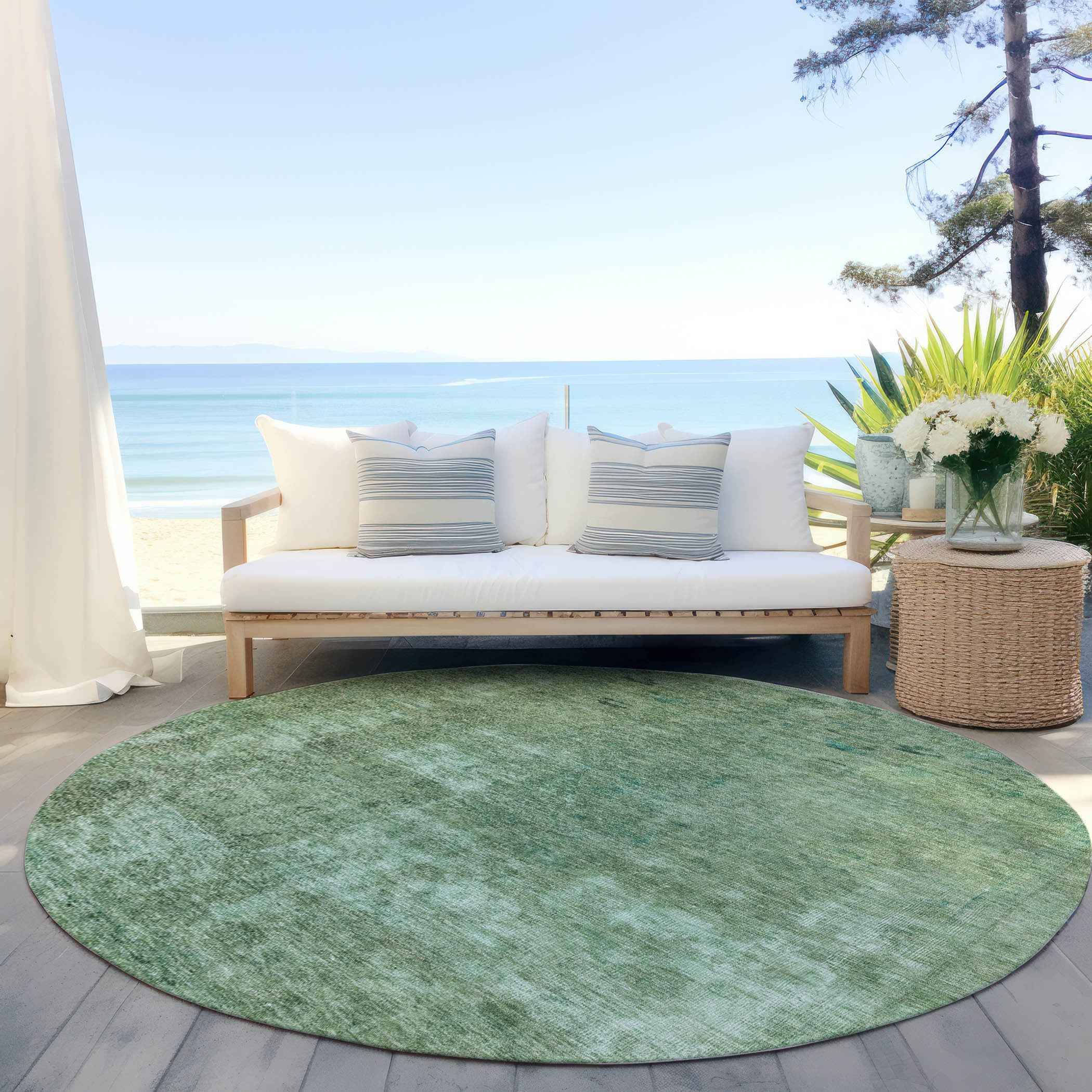 8' Sage And Mint Green Round Abstract Washable Indoor Outdoor Area Rug