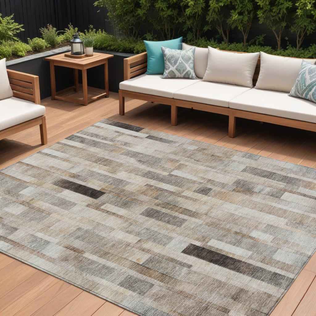 8' X 10' Taupe And Gray Striped Washable Indoor Outdoor Area Rug