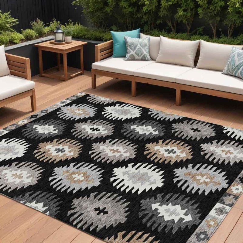 9' X 12' Black Ivory And Taupe Southwestern Washable Indoor Outdoor Area Rug