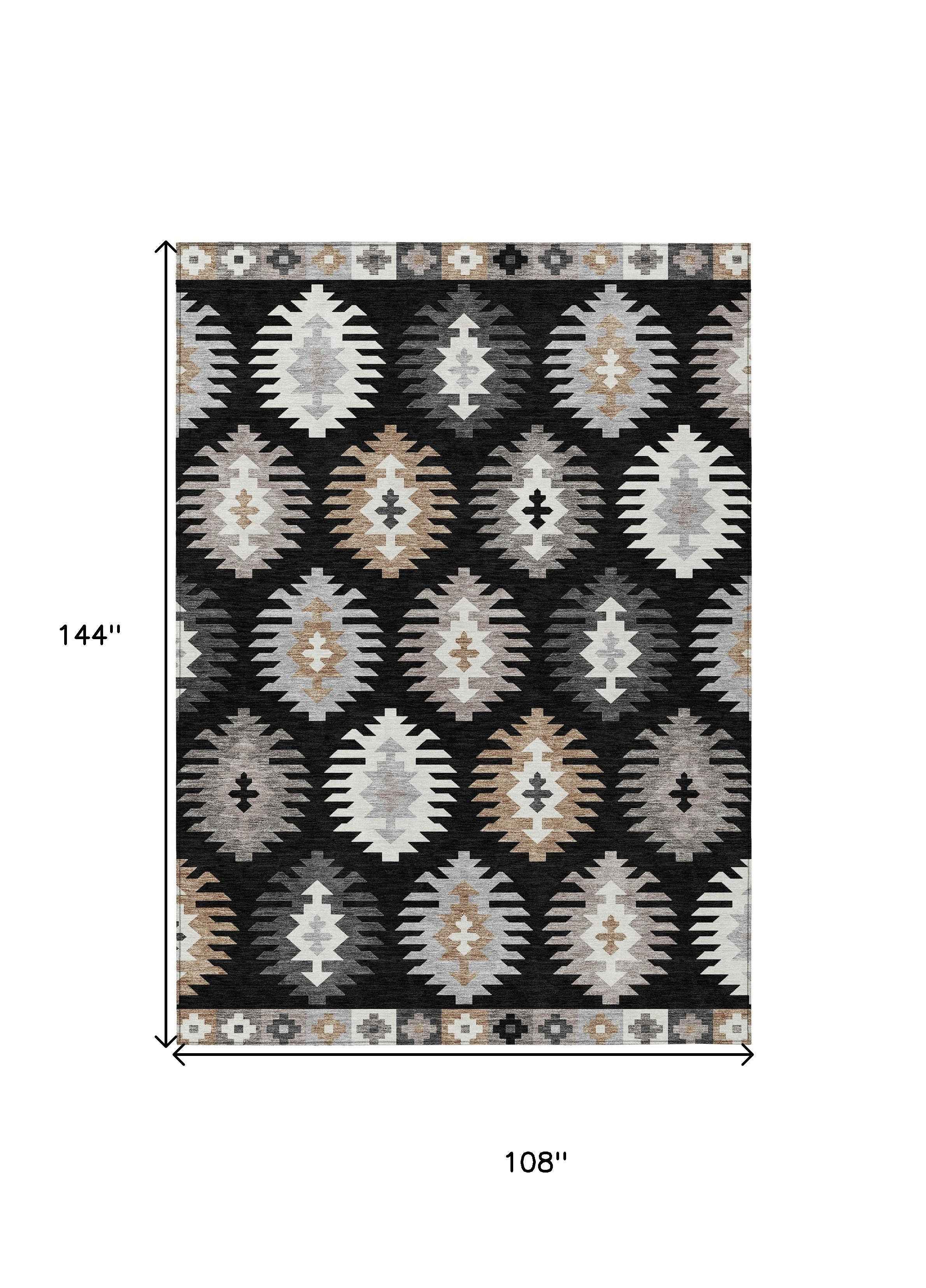 9' X 12' Black Ivory And Taupe Southwestern Washable Indoor Outdoor Area Rug