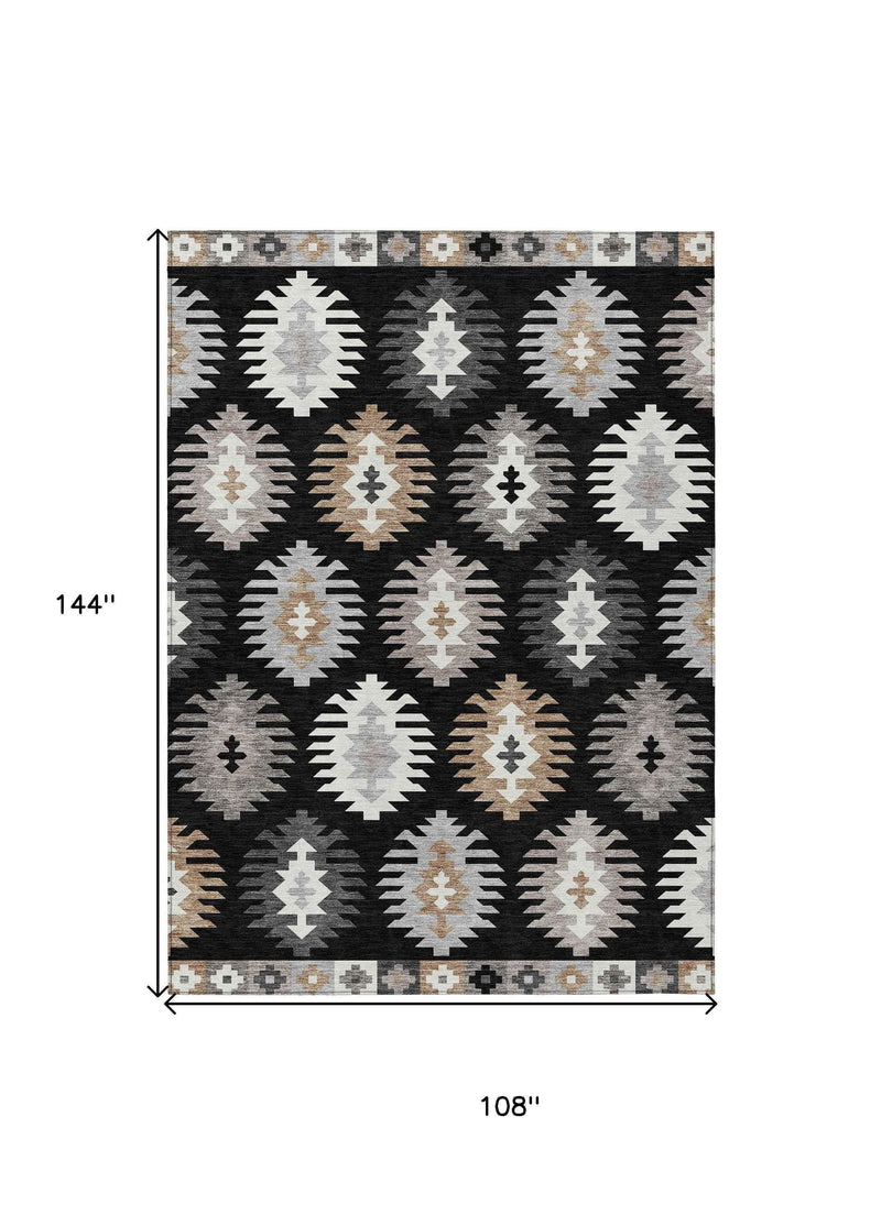 9' X 12' Black Ivory And Taupe Southwestern Washable Indoor Outdoor Area Rug